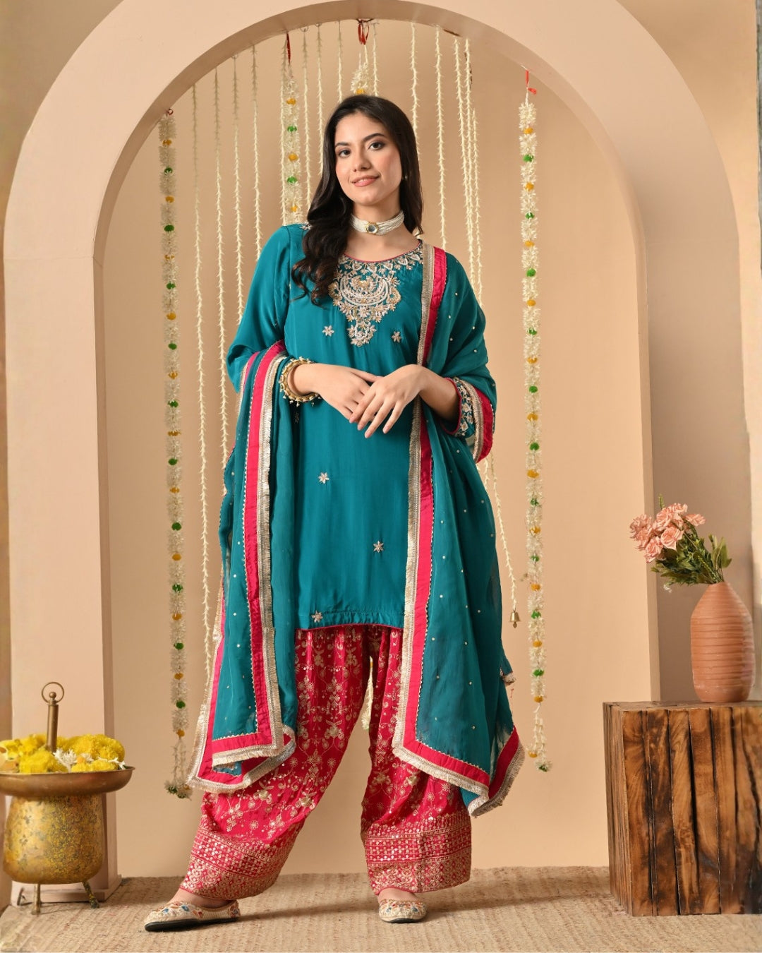 Teal And Rani Pink Farshi Salwar