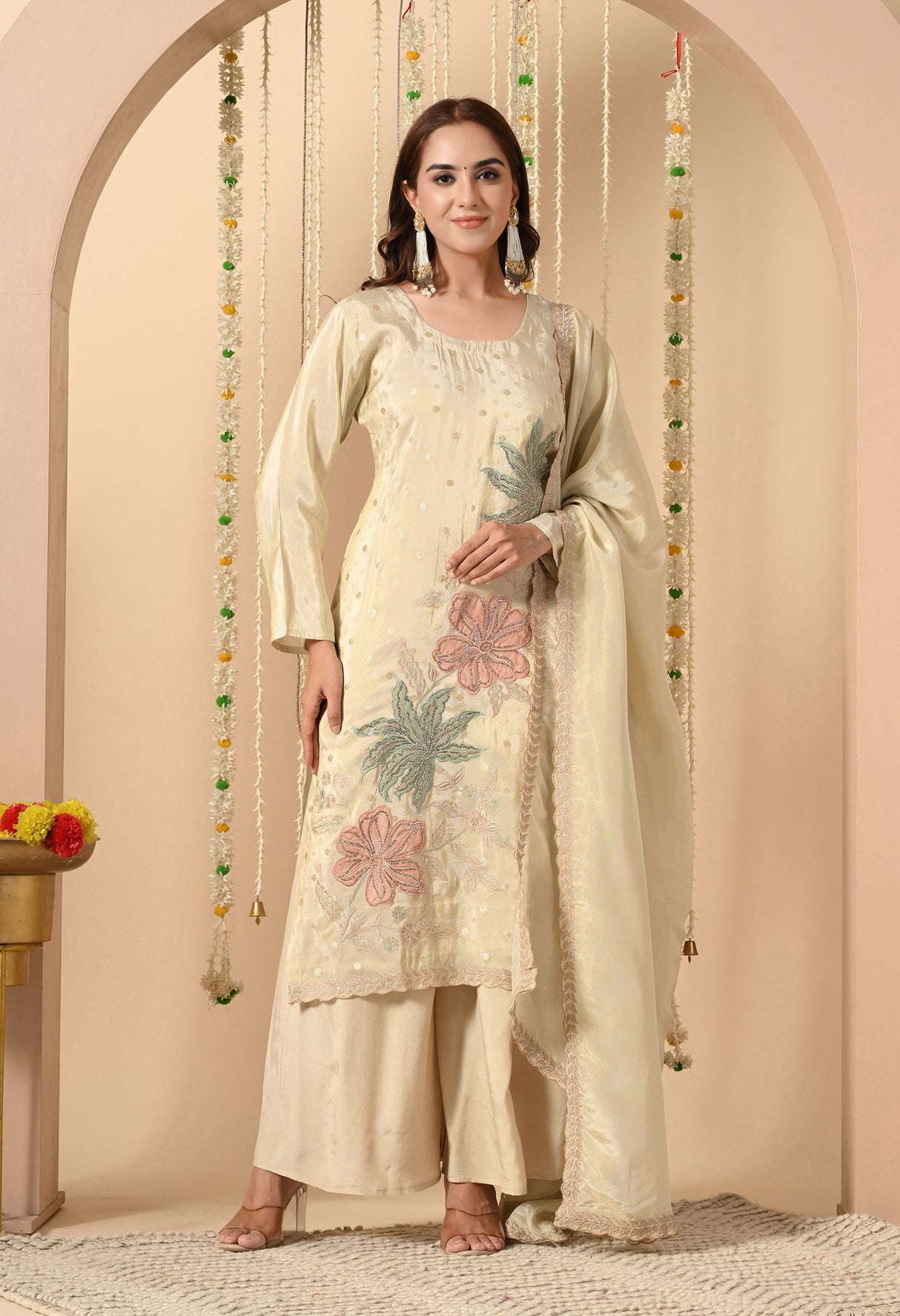 Gulzar Suit – Hand-Embroidered Cream Silk Ensemble