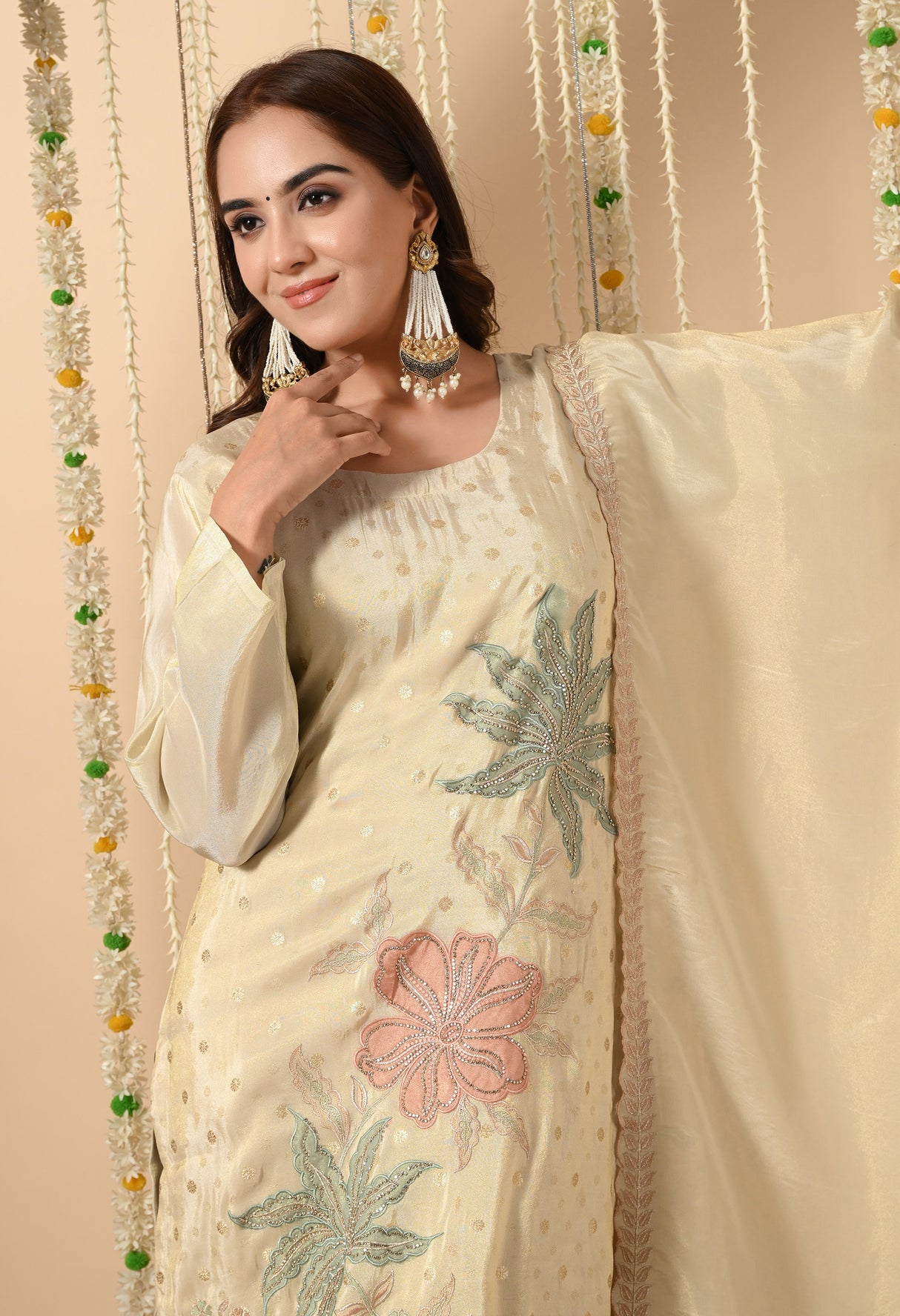 Gulzar Suit – Hand-Embroidered Cream Silk Ensemble