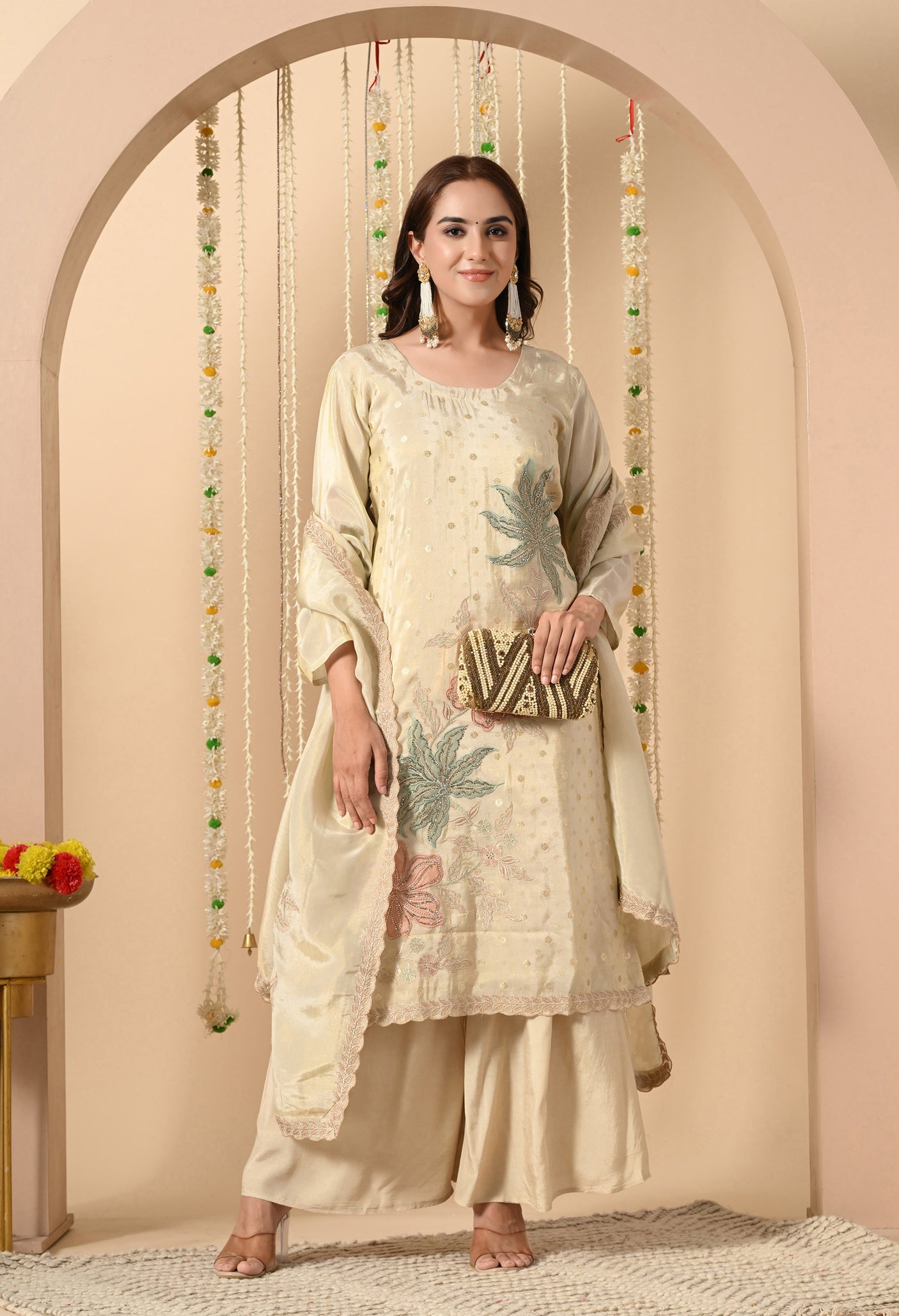 Gulzar Suit – Hand-Embroidered Cream Silk Ensemble
