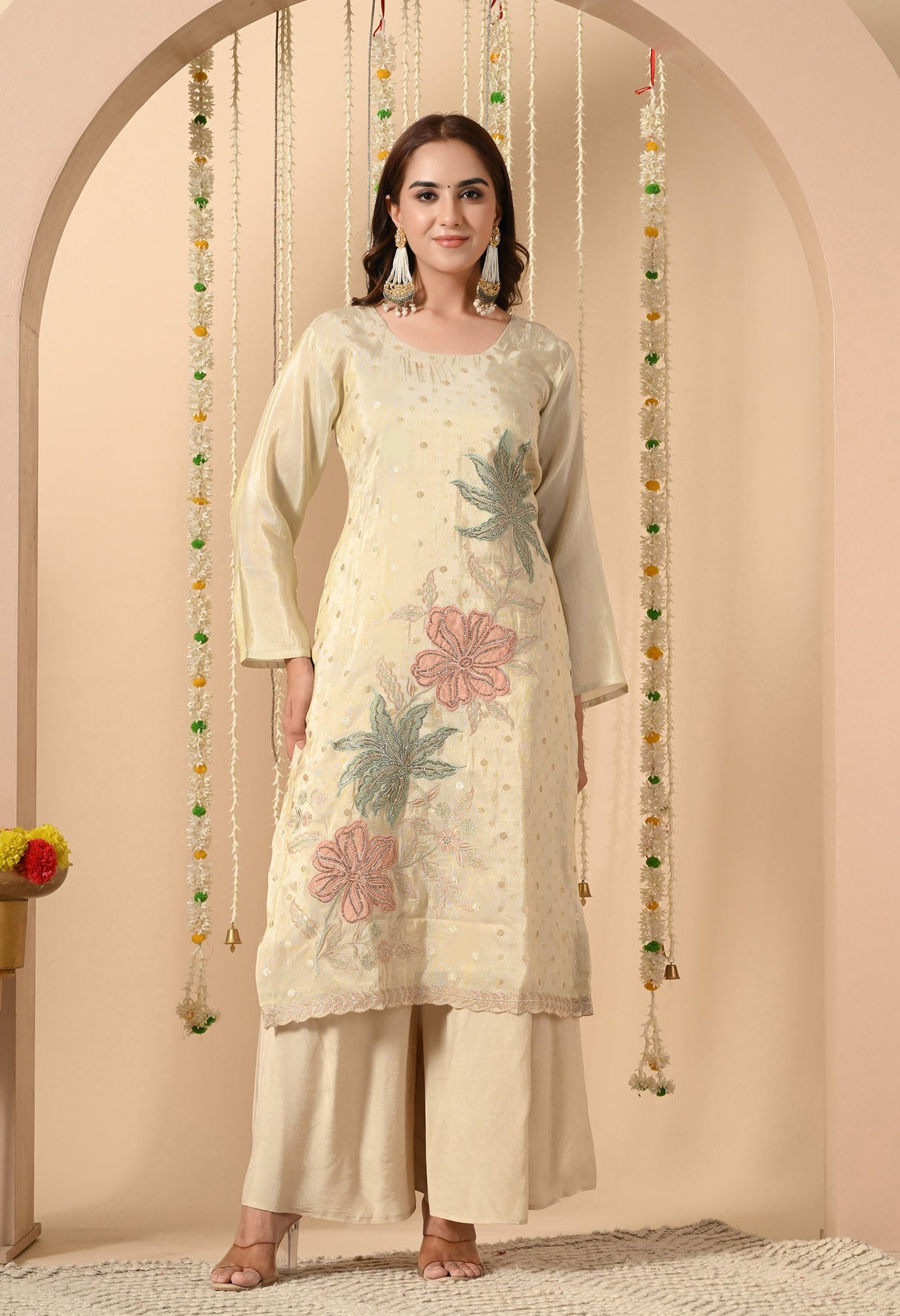 Gulzar Suit – Hand-Embroidered Cream Silk Ensemble