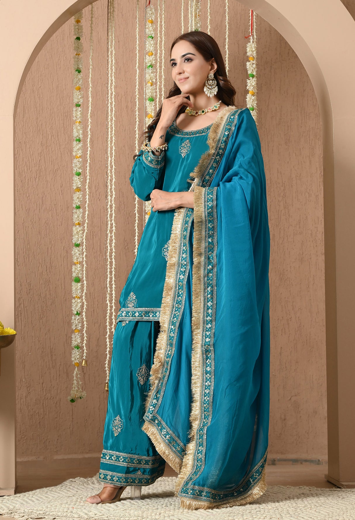 Meher farshi Salwar Suit – Teal Blue Embroidered Silk Set