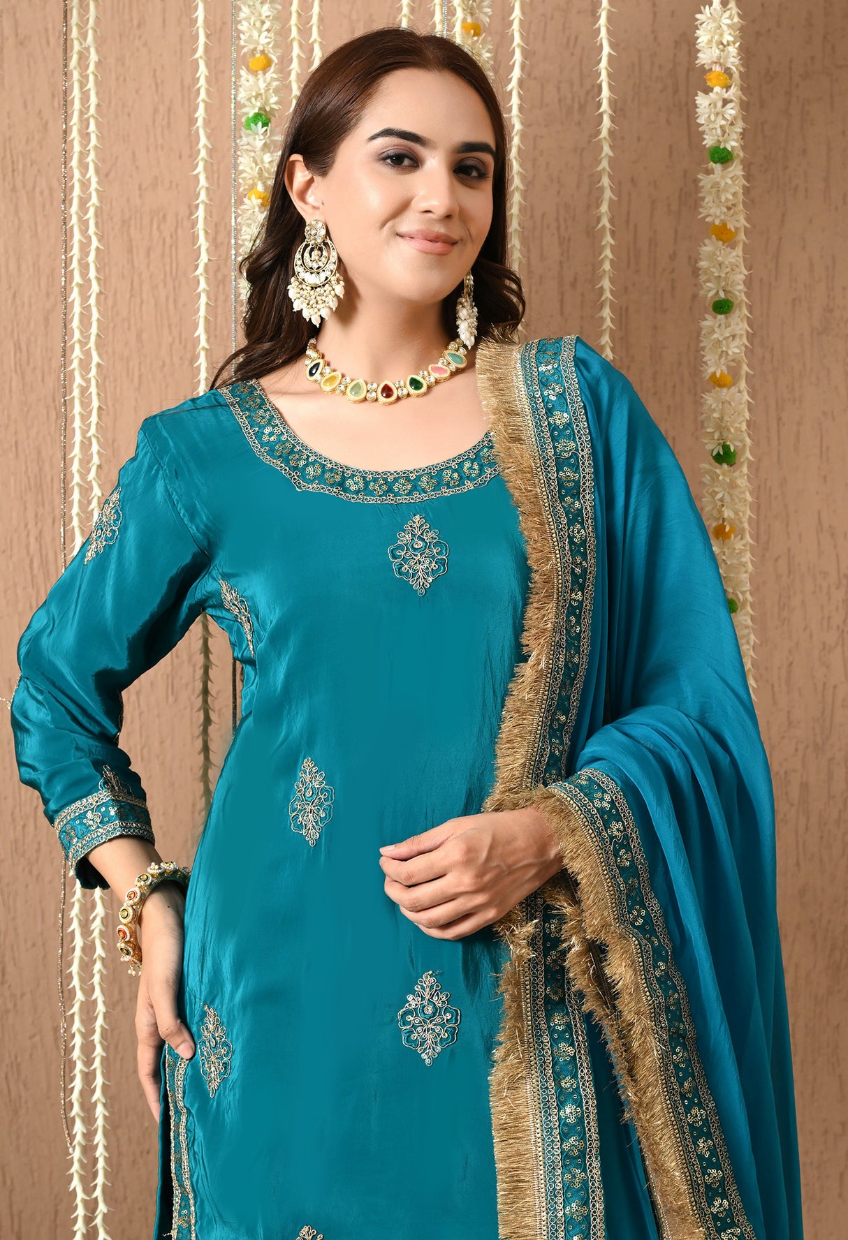 Meher farshi Salwar Suit – Teal Blue Embroidered Silk Set