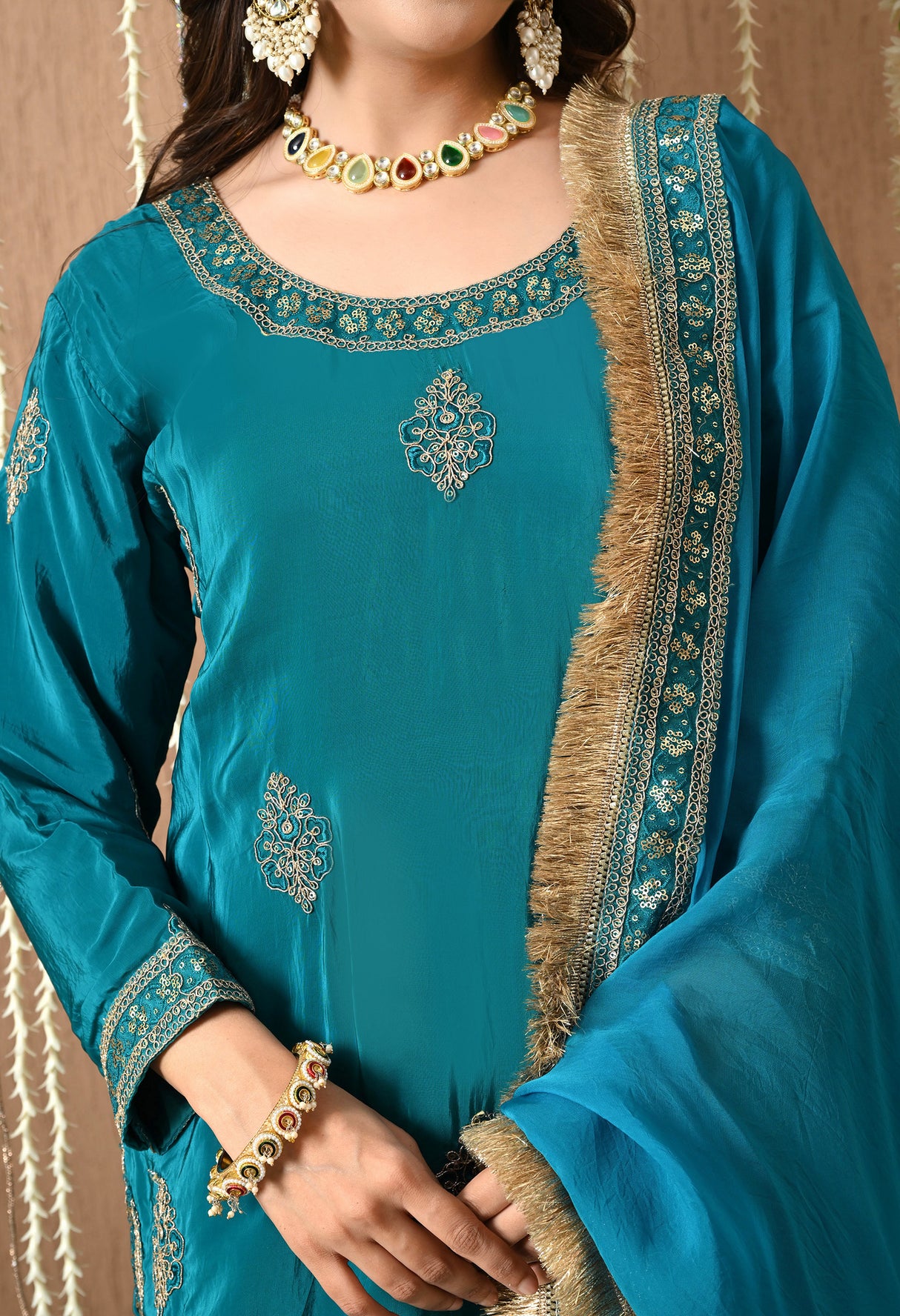 Meher farshi Salwar Suit – Teal Blue Embroidered Silk Set