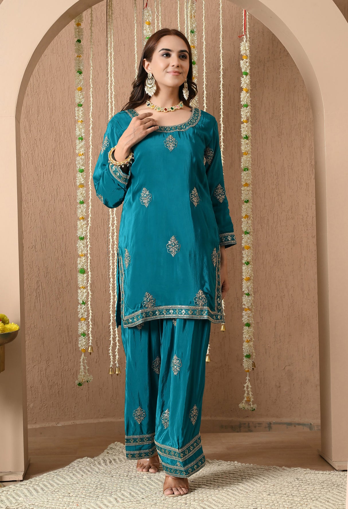 Meher farshi Salwar Suit – Teal Blue Embroidered Silk Set