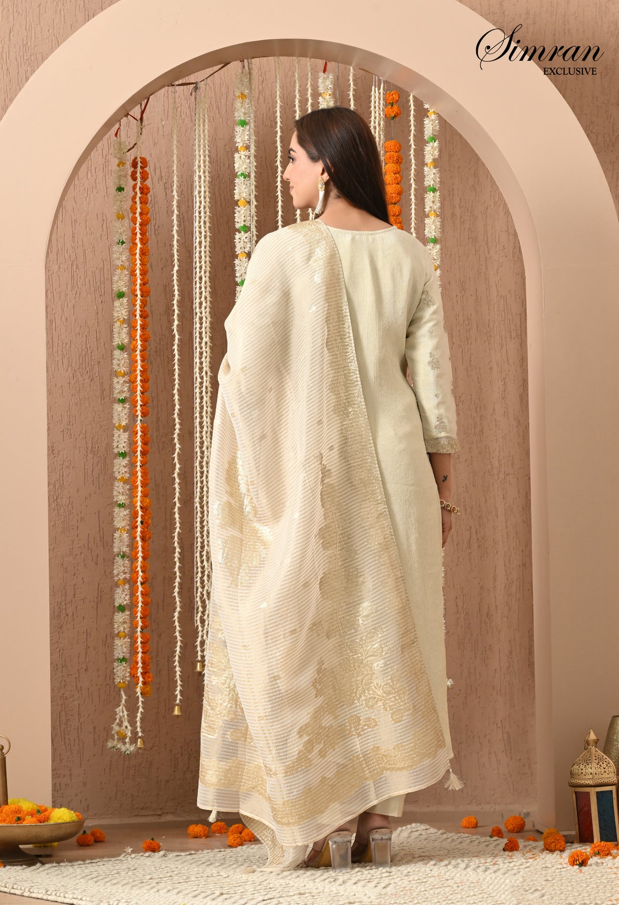 Beige Golden Embroidered Suit