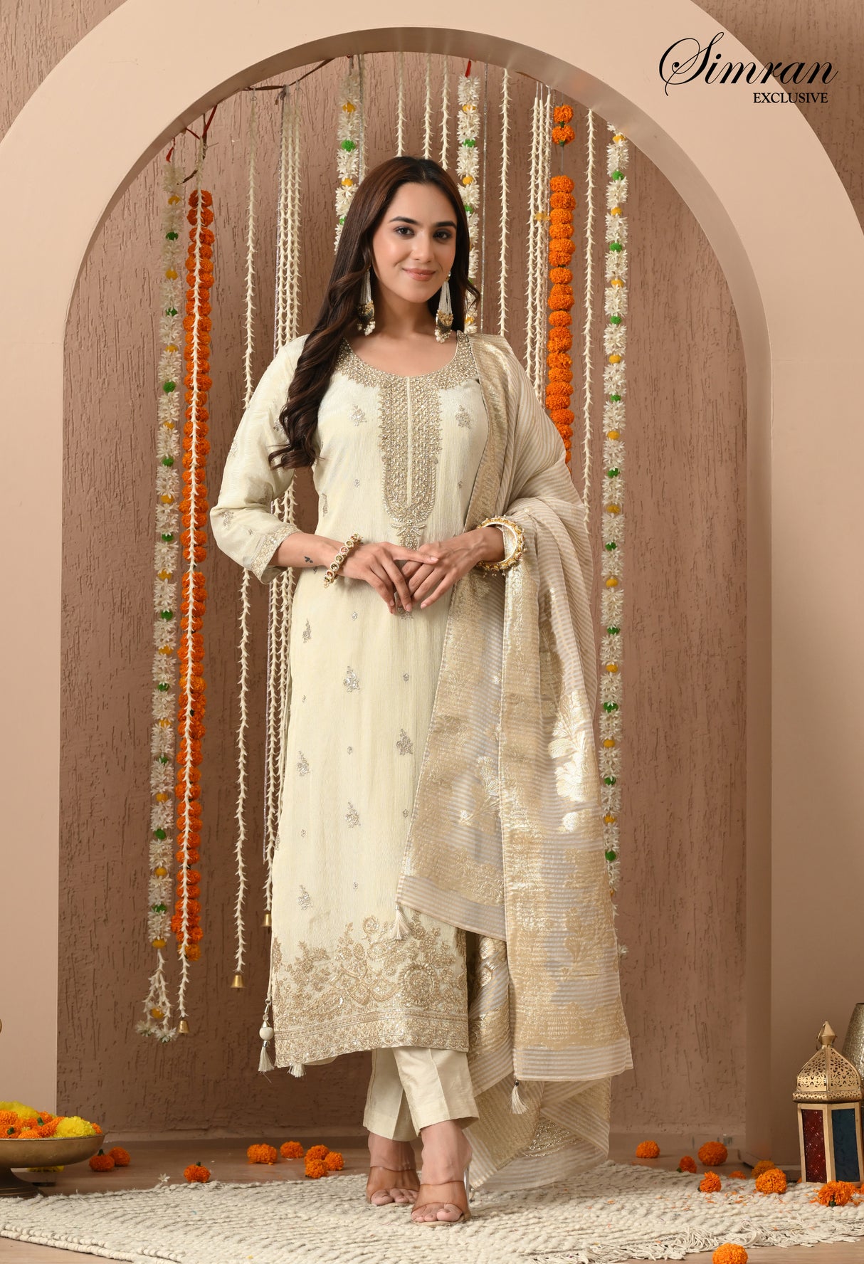 Beige Golden Embroidered Suit