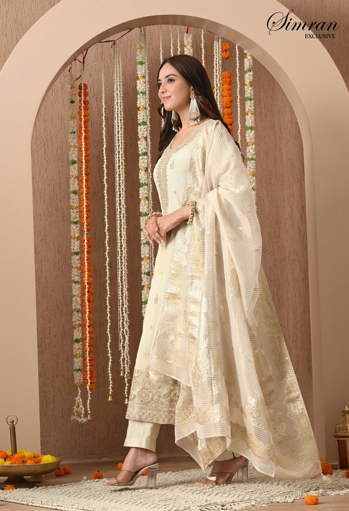 Beige Golden Embroidered Suit