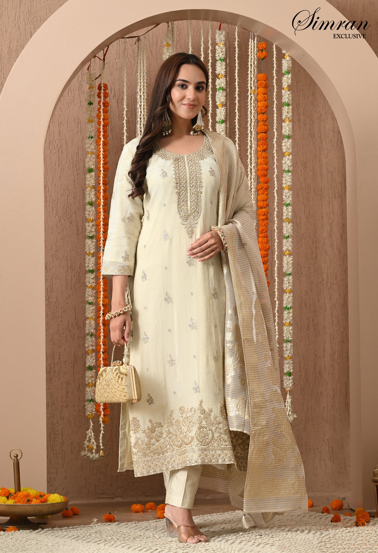 Beige Golden Embroidered Suit
