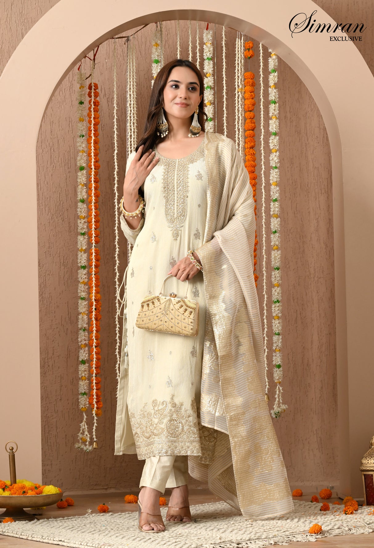 Beige Golden Embroidered Suit