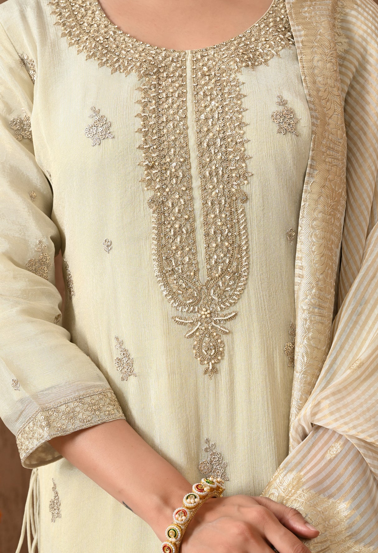 Beige Golden Embroidered Suit