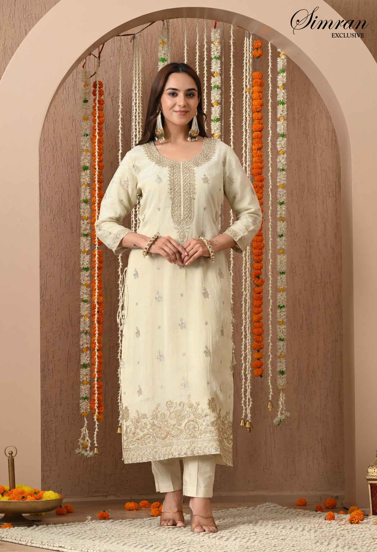 Beige Golden Embroidered Suit