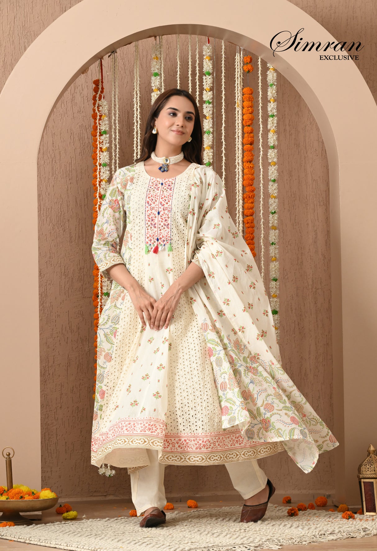 traditional off white anarkali suit