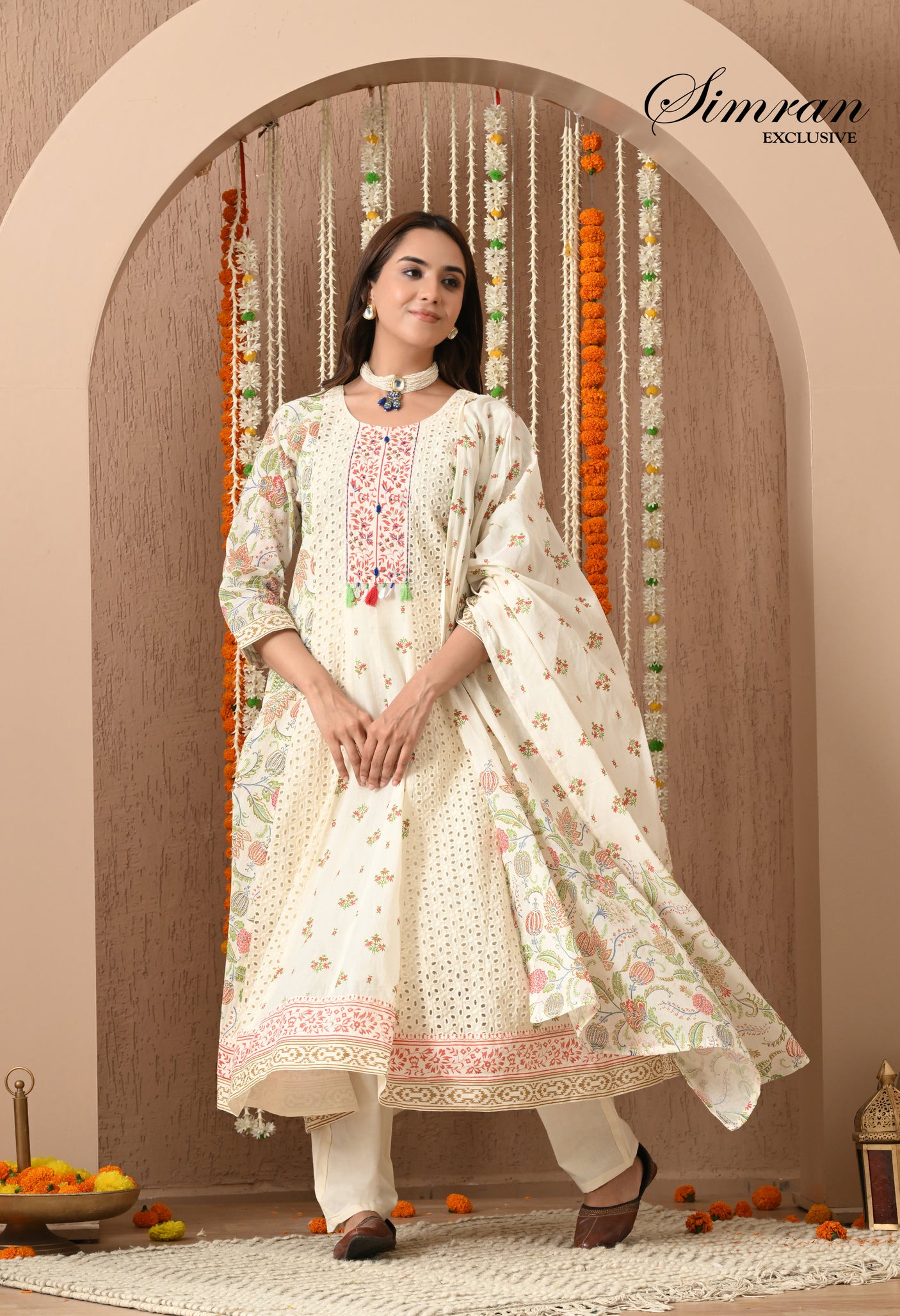 traditional off white anarkali suit