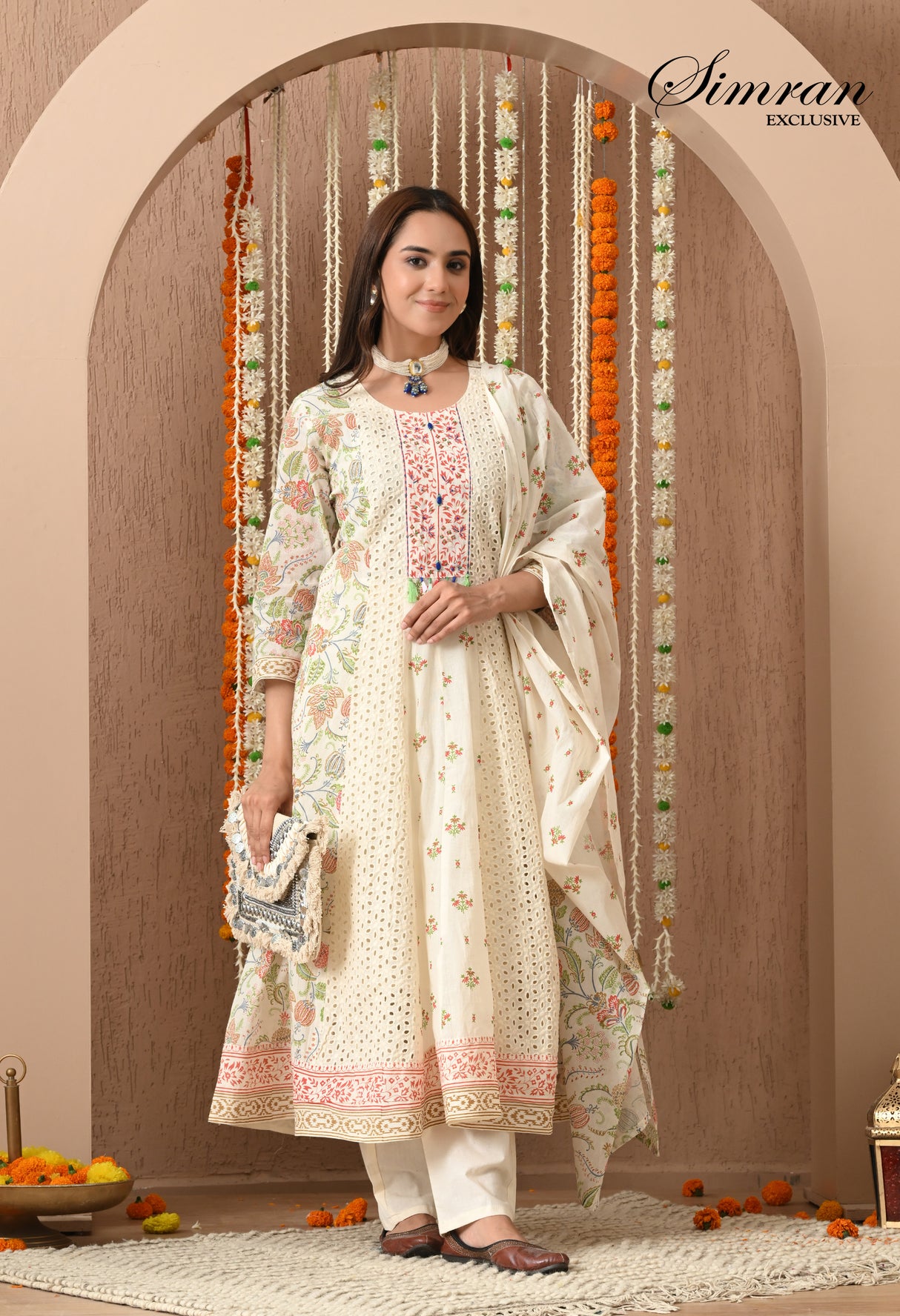 traditional off white anarkali suit