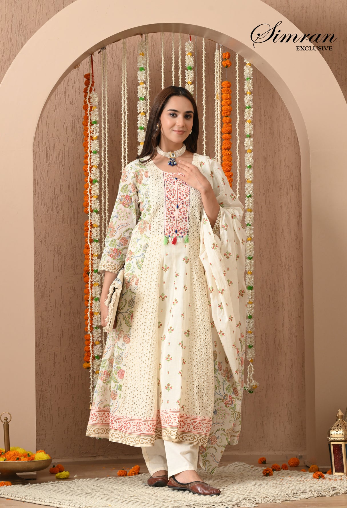 traditional off white anarkali suit