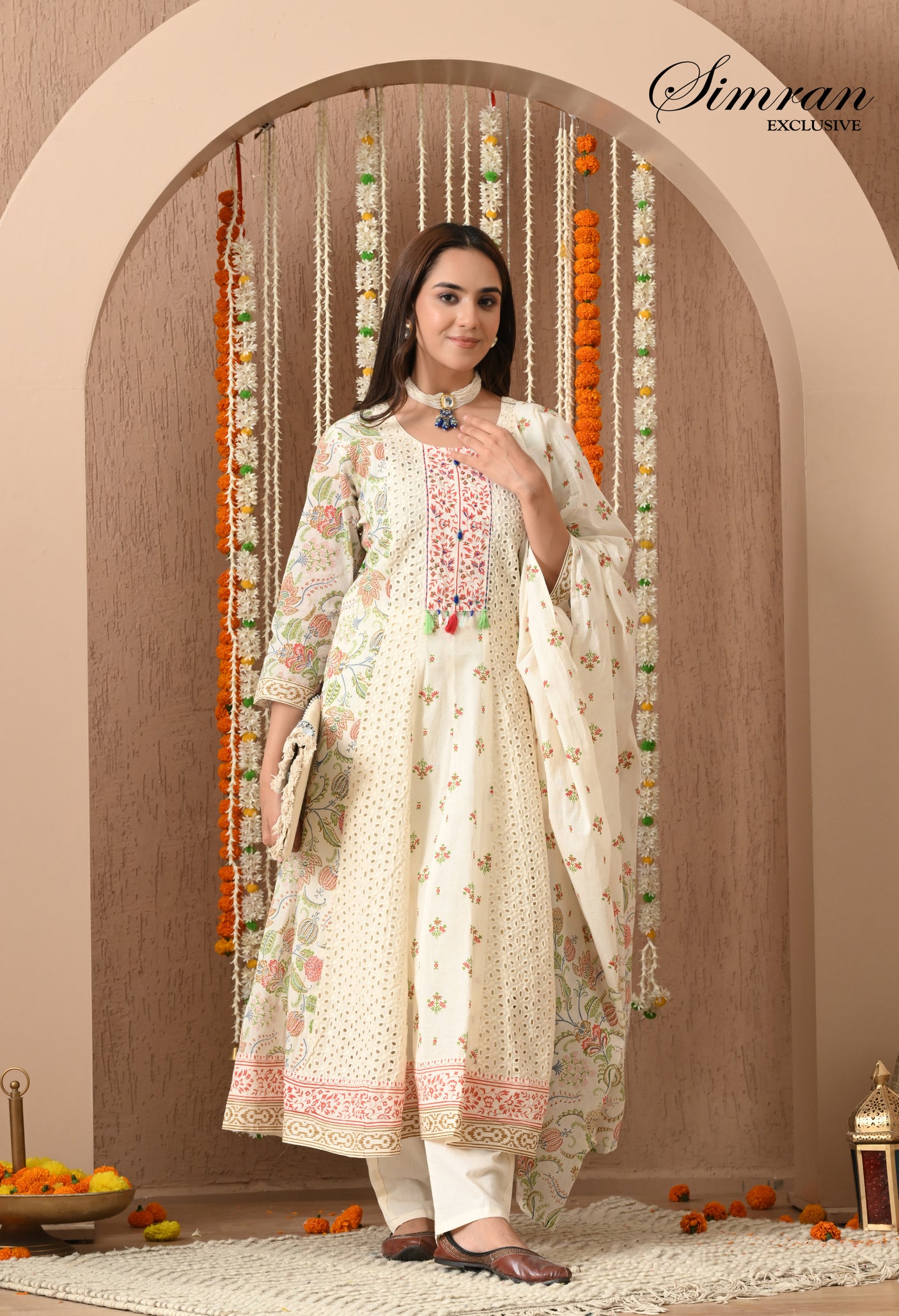 traditional off white anarkali suit