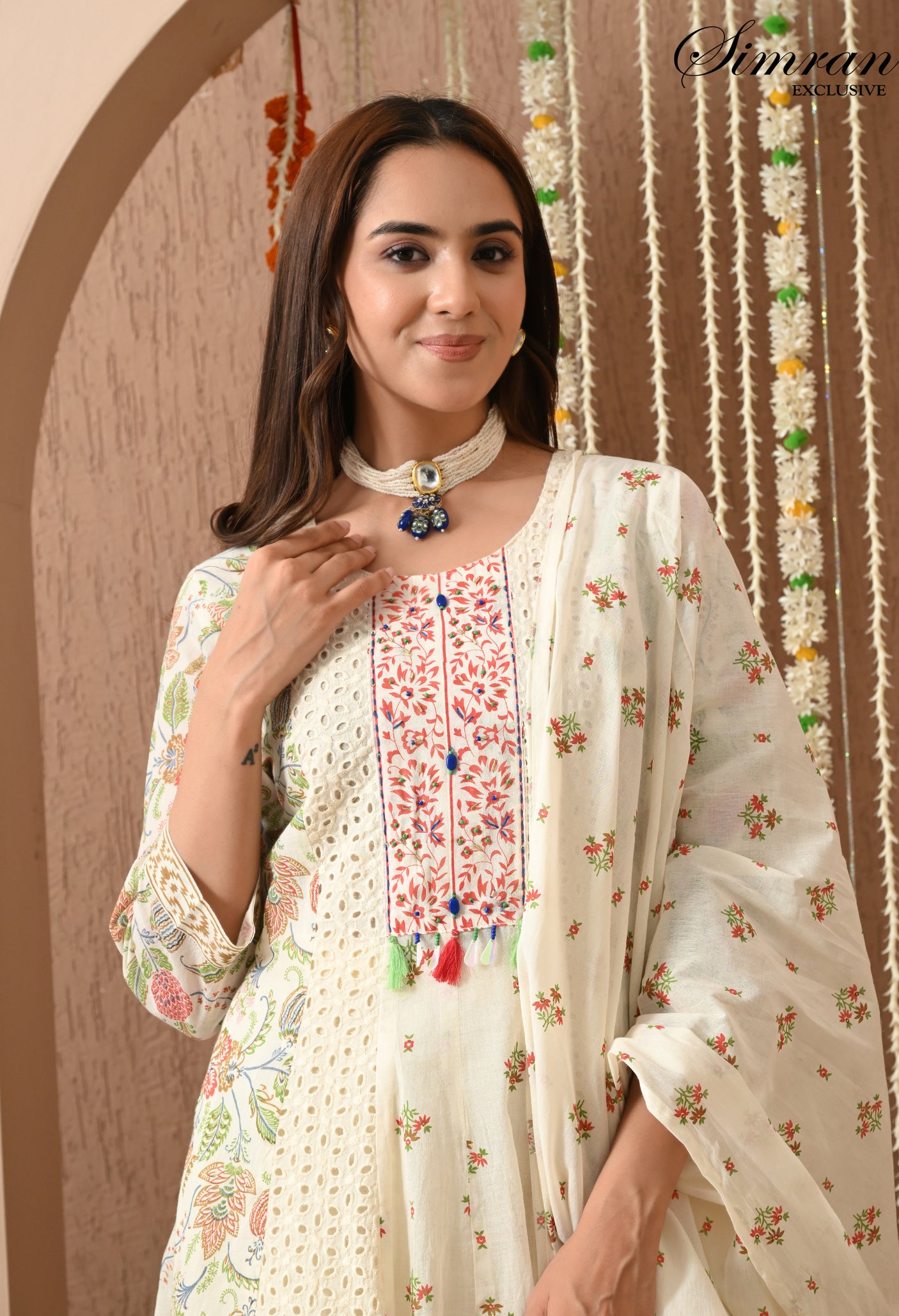 traditional off white anarkali suit