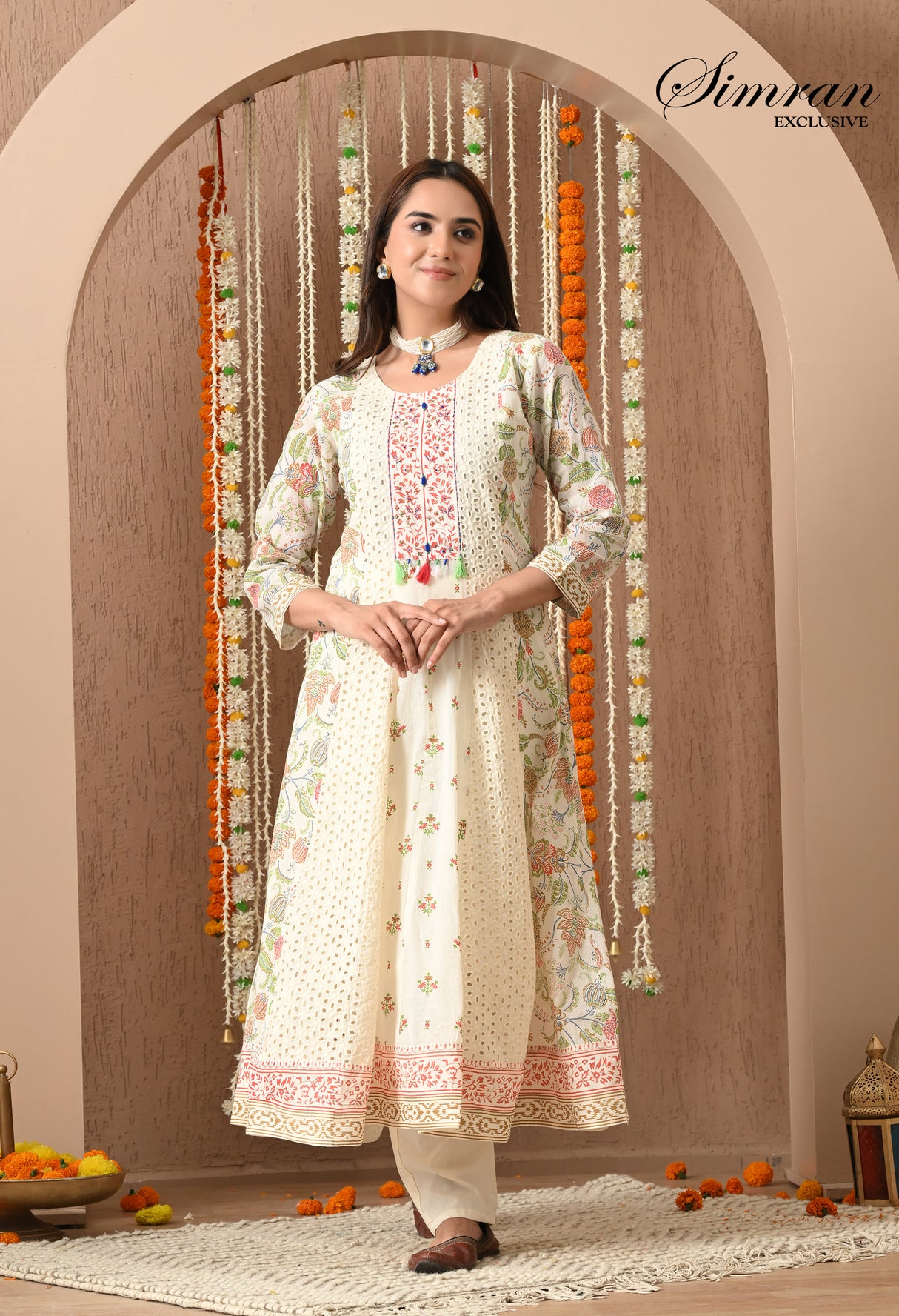 traditional off white anarkali suit