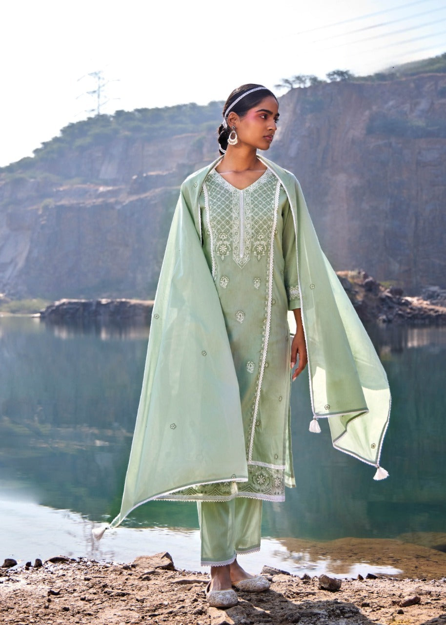 Noor-E-Pista - Pastel Green Embroidered Cotton Suit