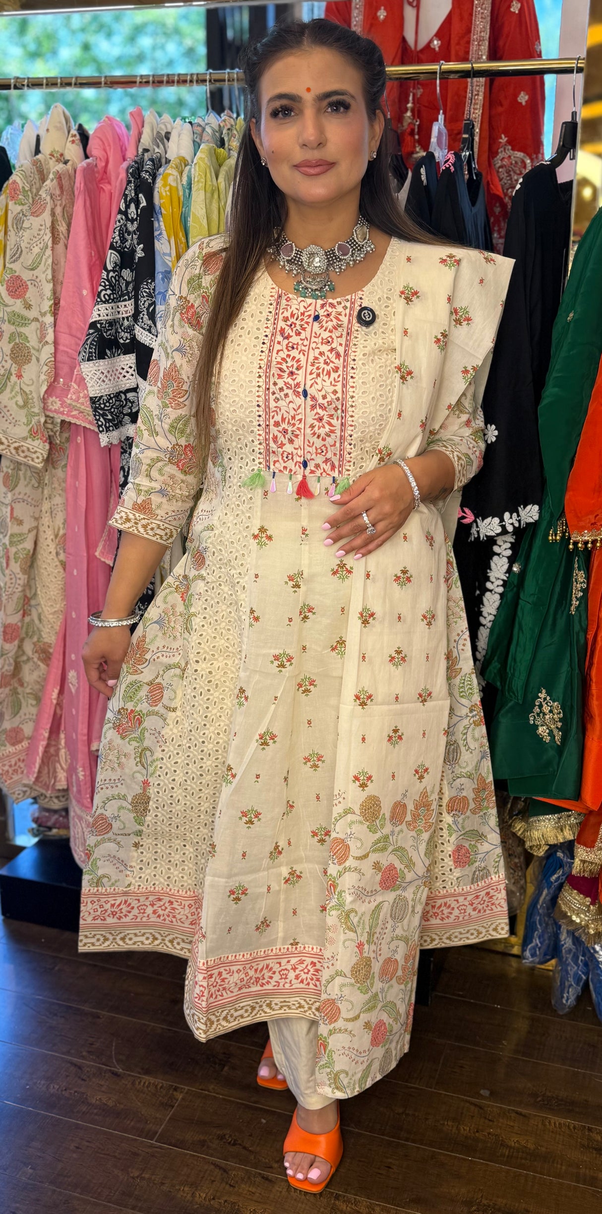 traditional off white anarkali suit
