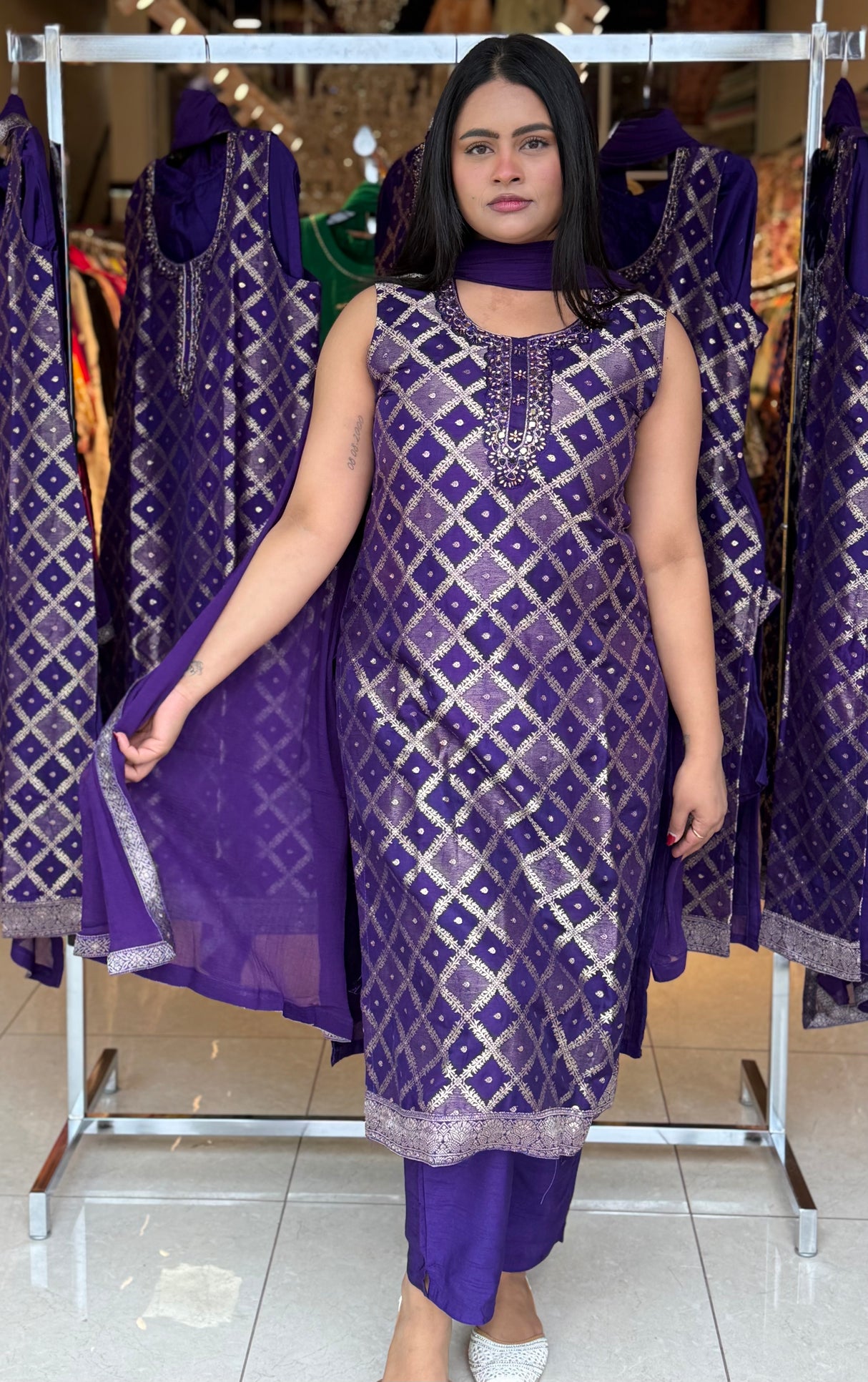 Gold Thread Embroidery with Mirror Work suit