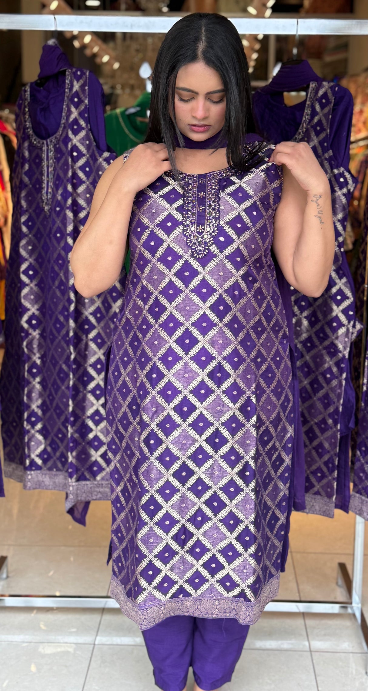 Gold Thread Embroidery with Mirror Work suit