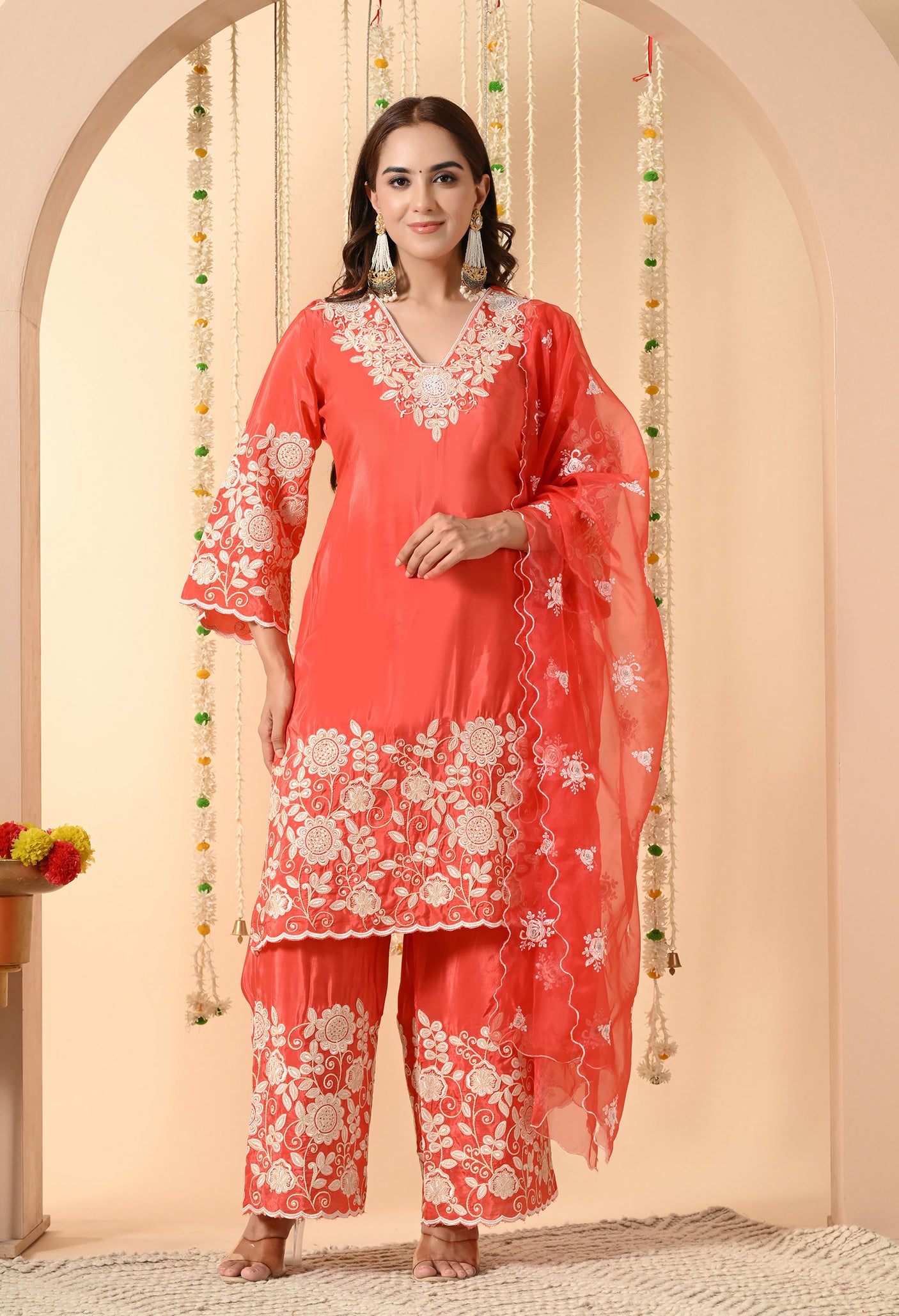 Surkh Phool Coral Embroidered Suit Set