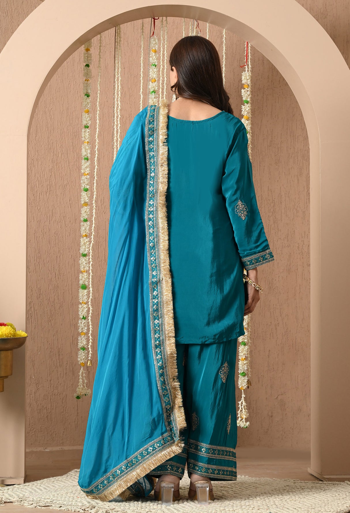 Meher farshi Salwar Suit – Teal Blue Embroidered Silk Set