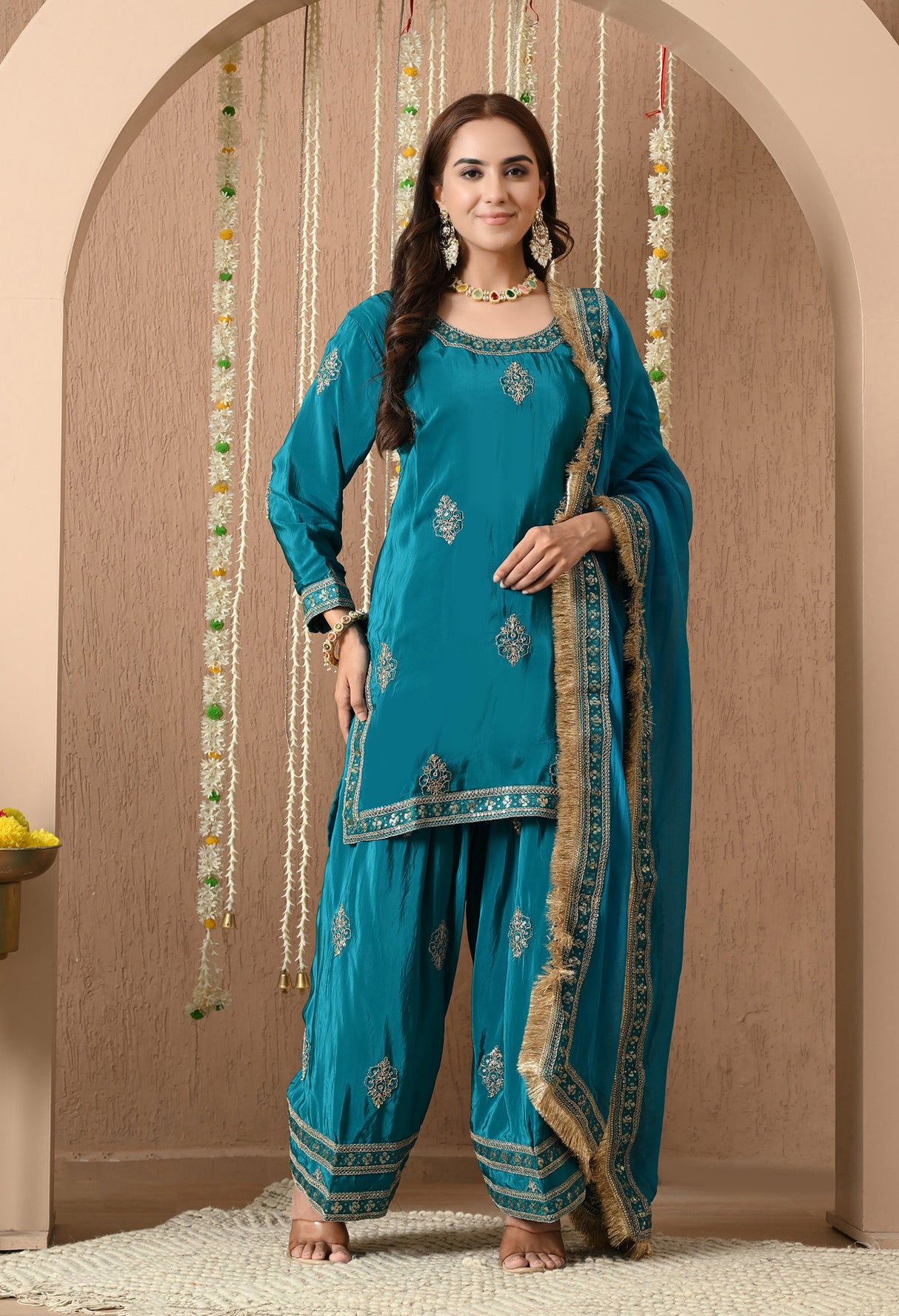 Meher farshi Salwar Suit – Teal Blue Embroidered Silk Set