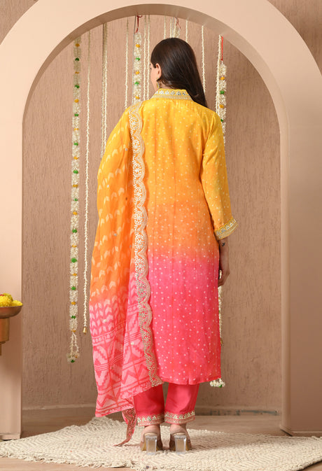 Ombre Yellow-Pink Pure Crepe Suit