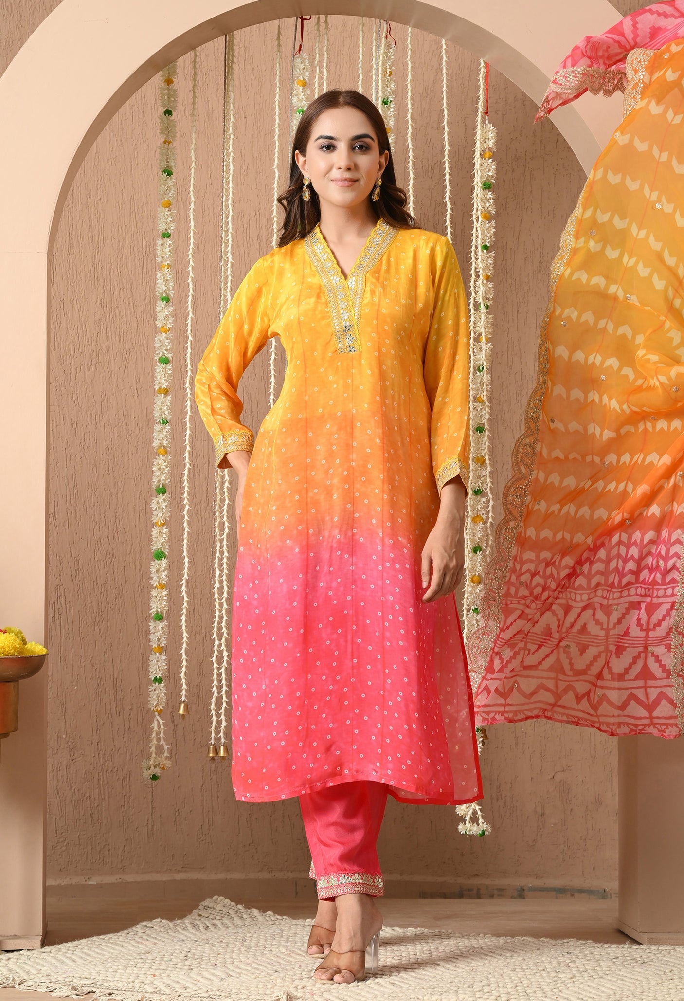 Ombre Yellow-Pink Pure Crepe Suit