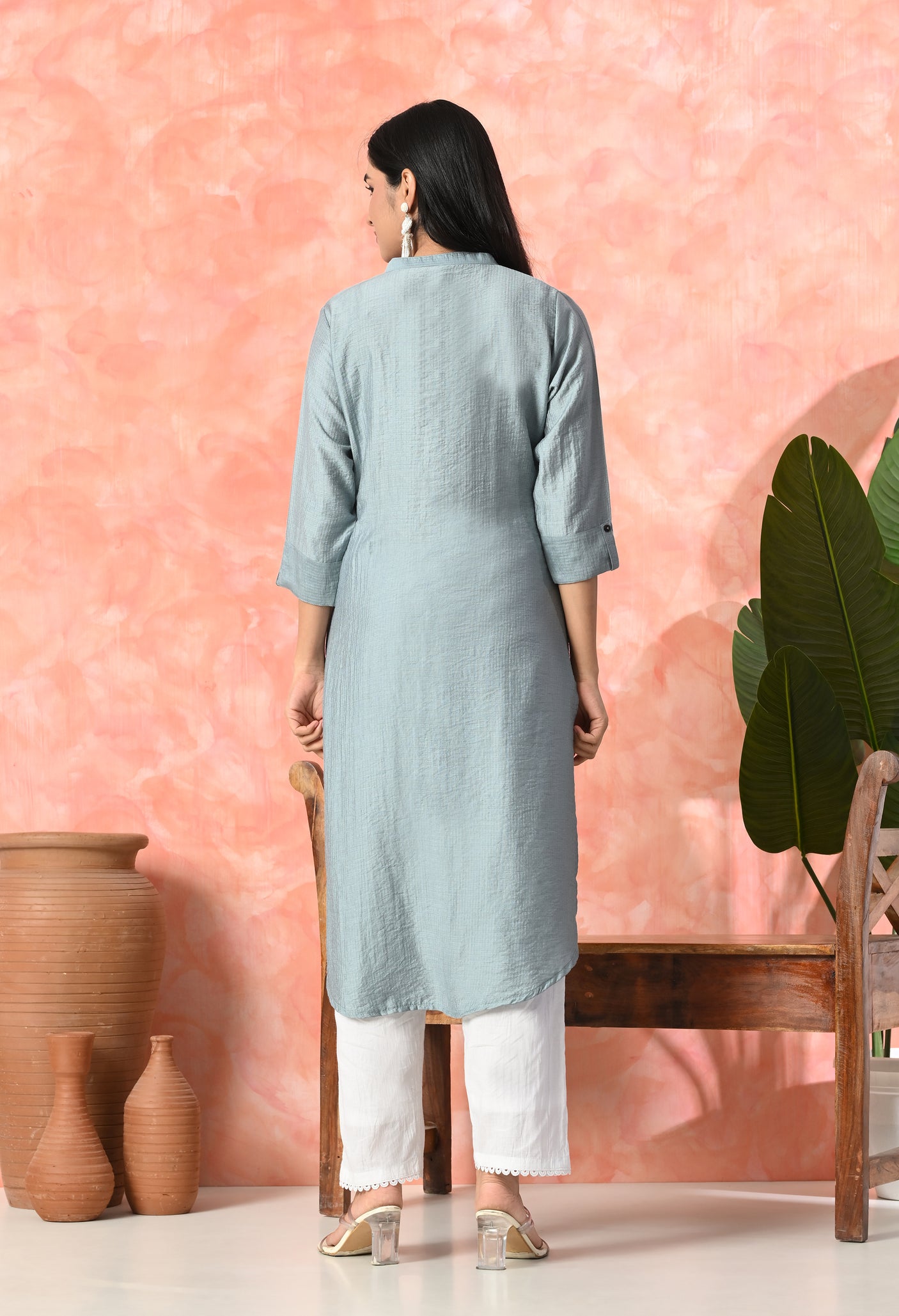Leaf Embroidered Cotton Kurti