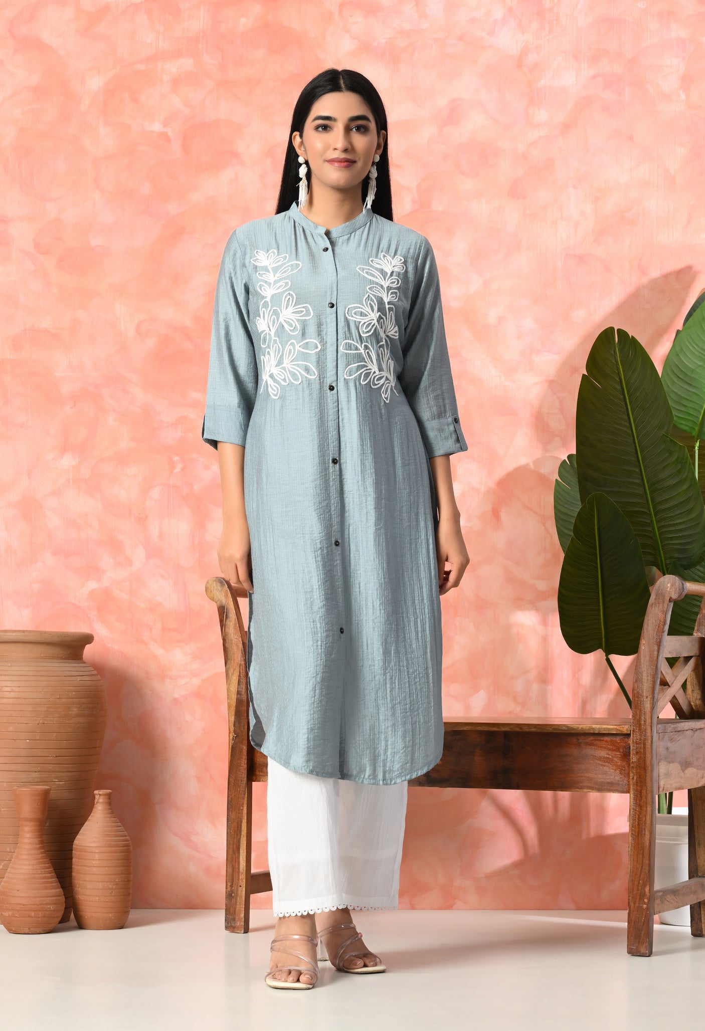 Leaf Embroidered Cotton Kurti
