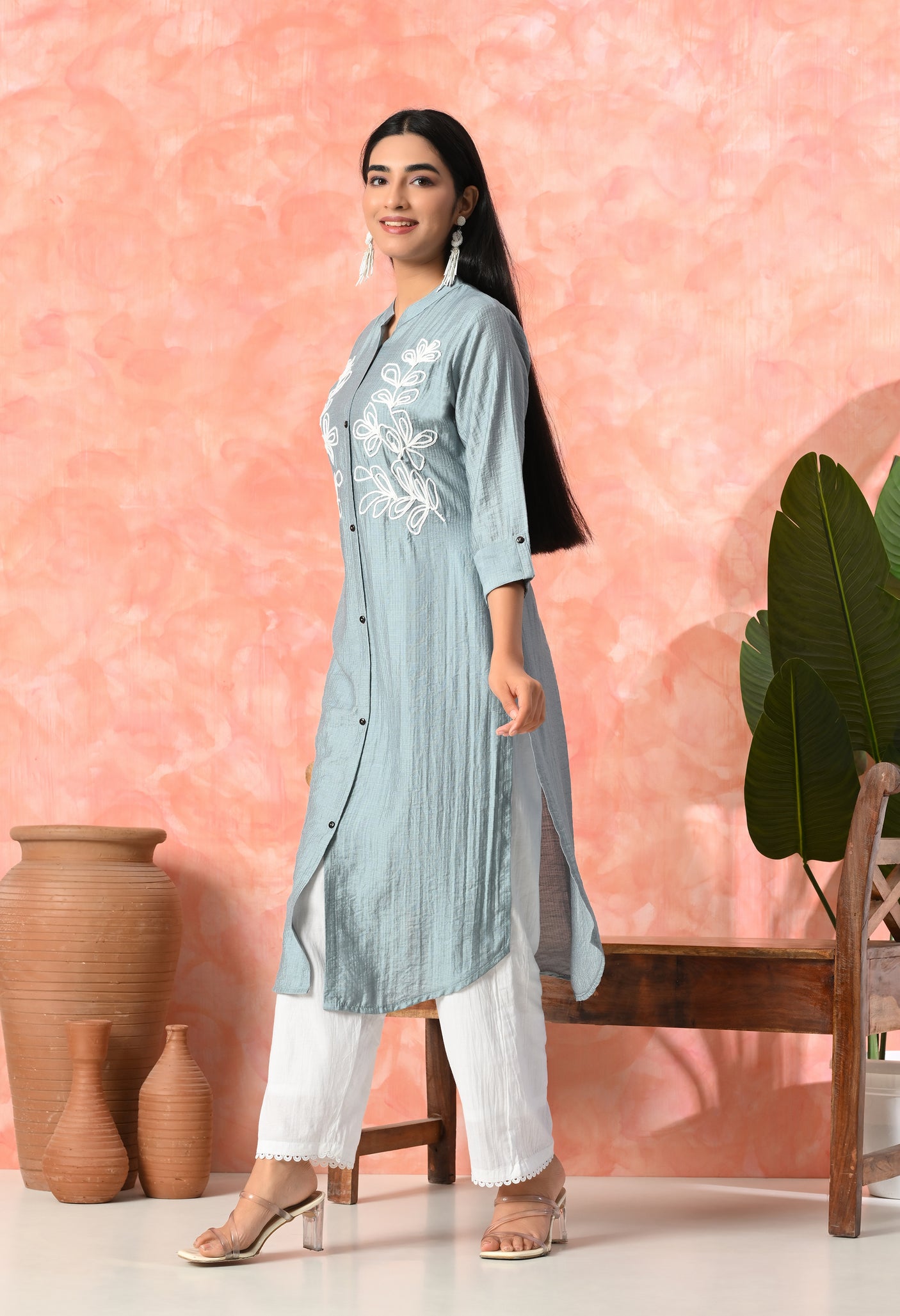 Leaf Embroidered Cotton Kurti