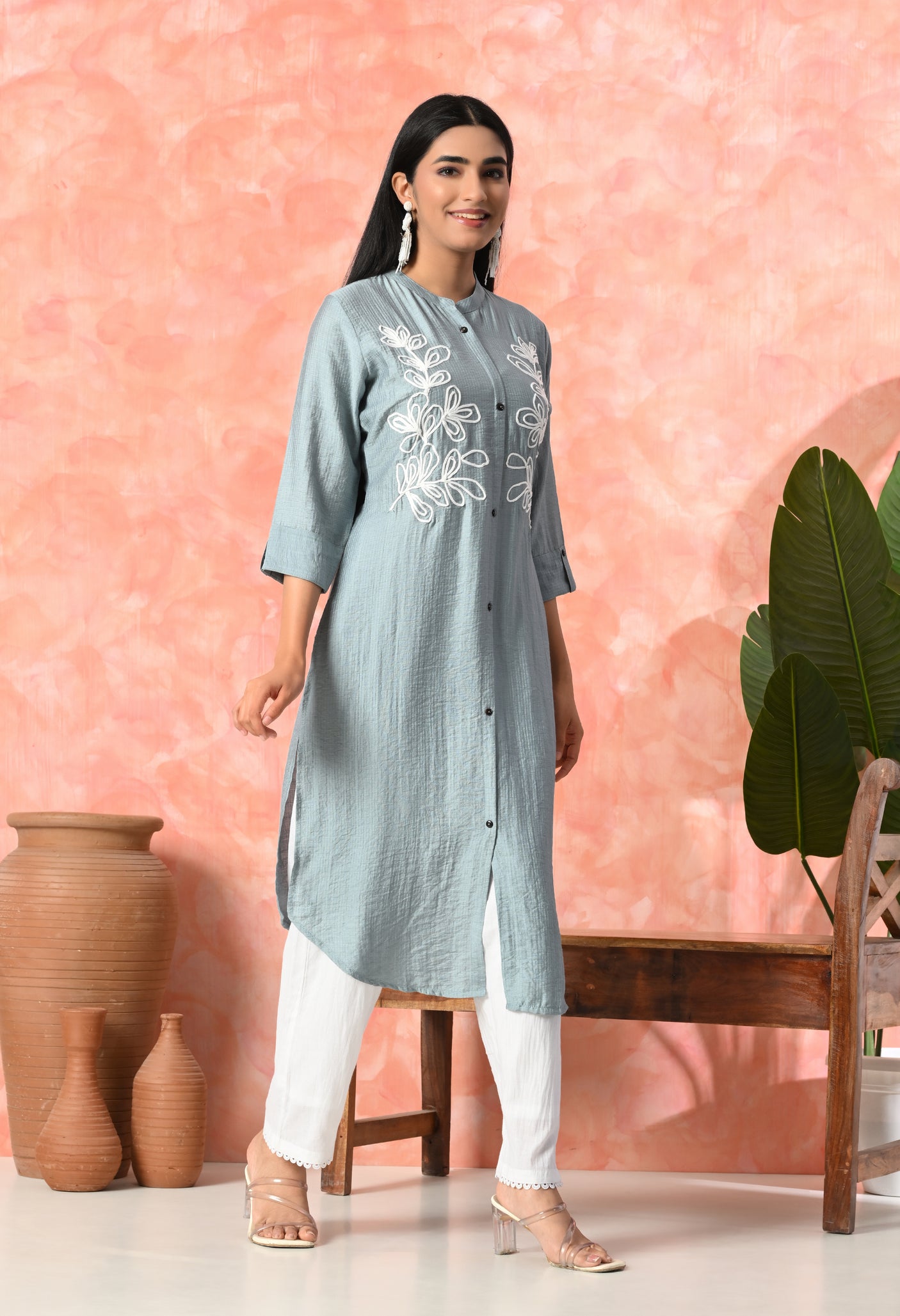 Leaf Embroidered Cotton Kurti