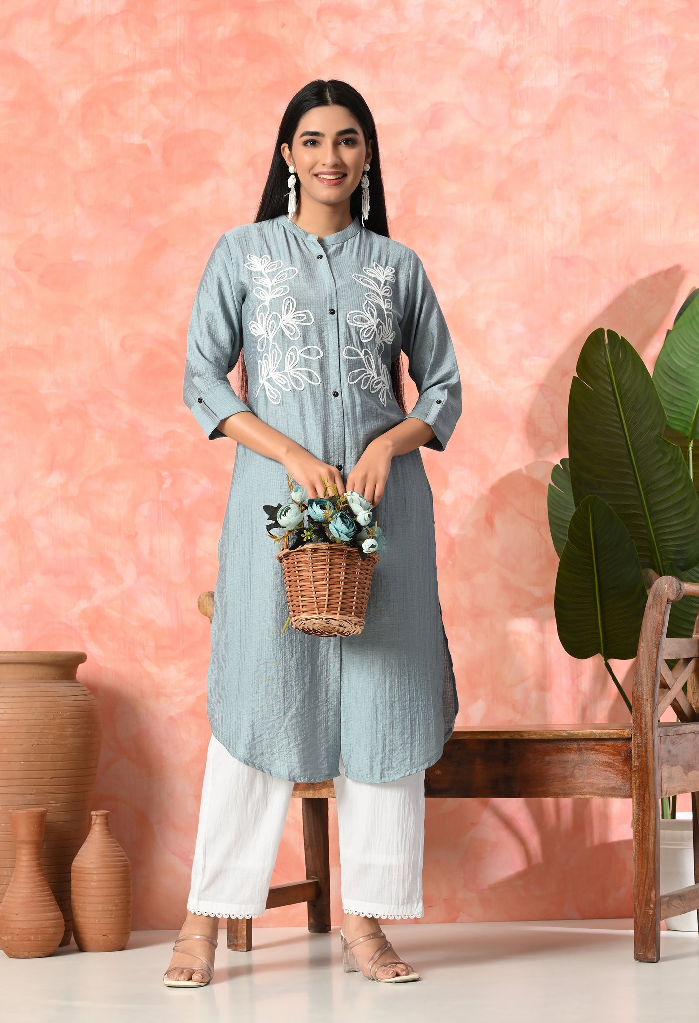 Leaf Embroidered Cotton Kurti