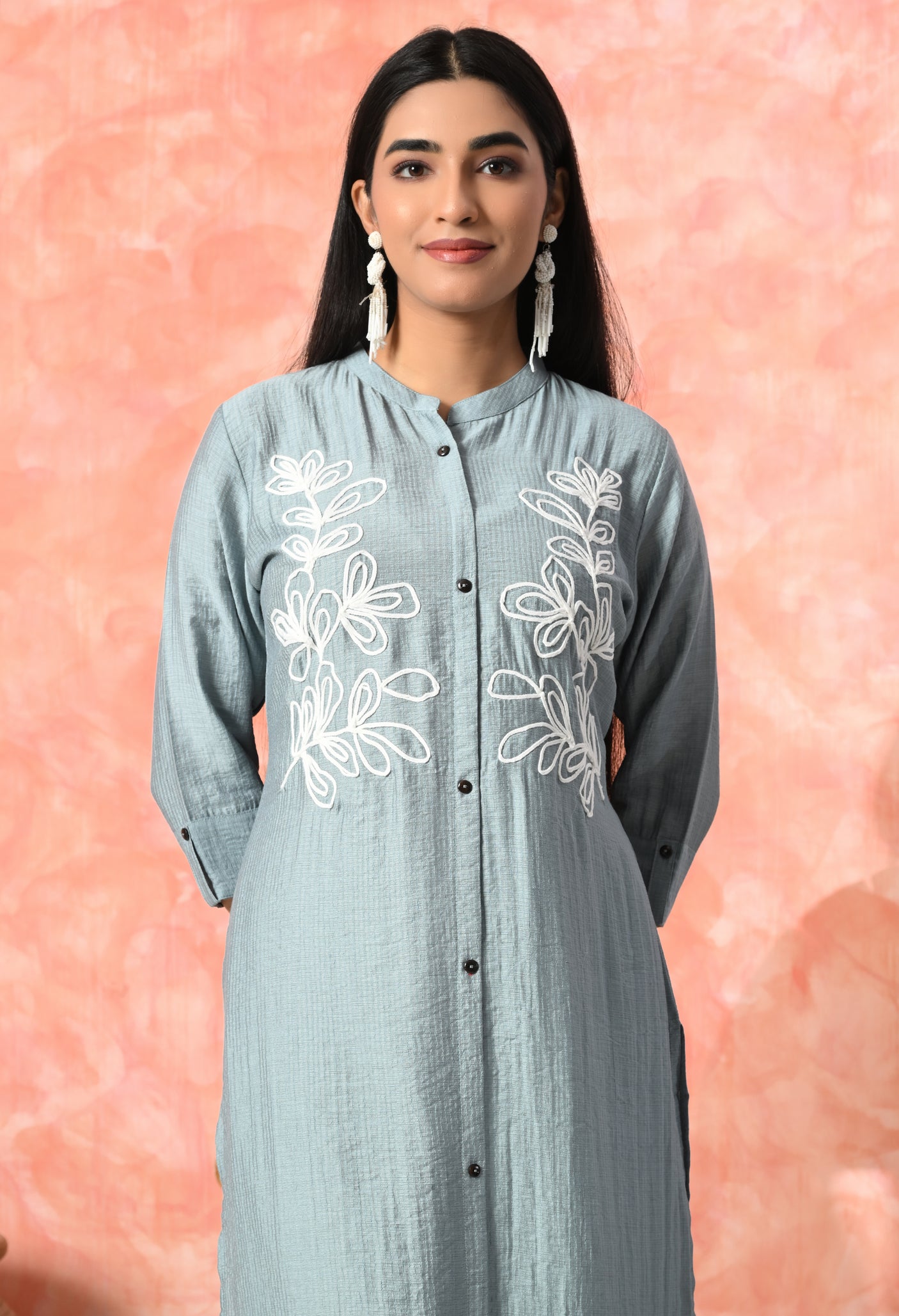 Leaf Embroidered Cotton Kurti