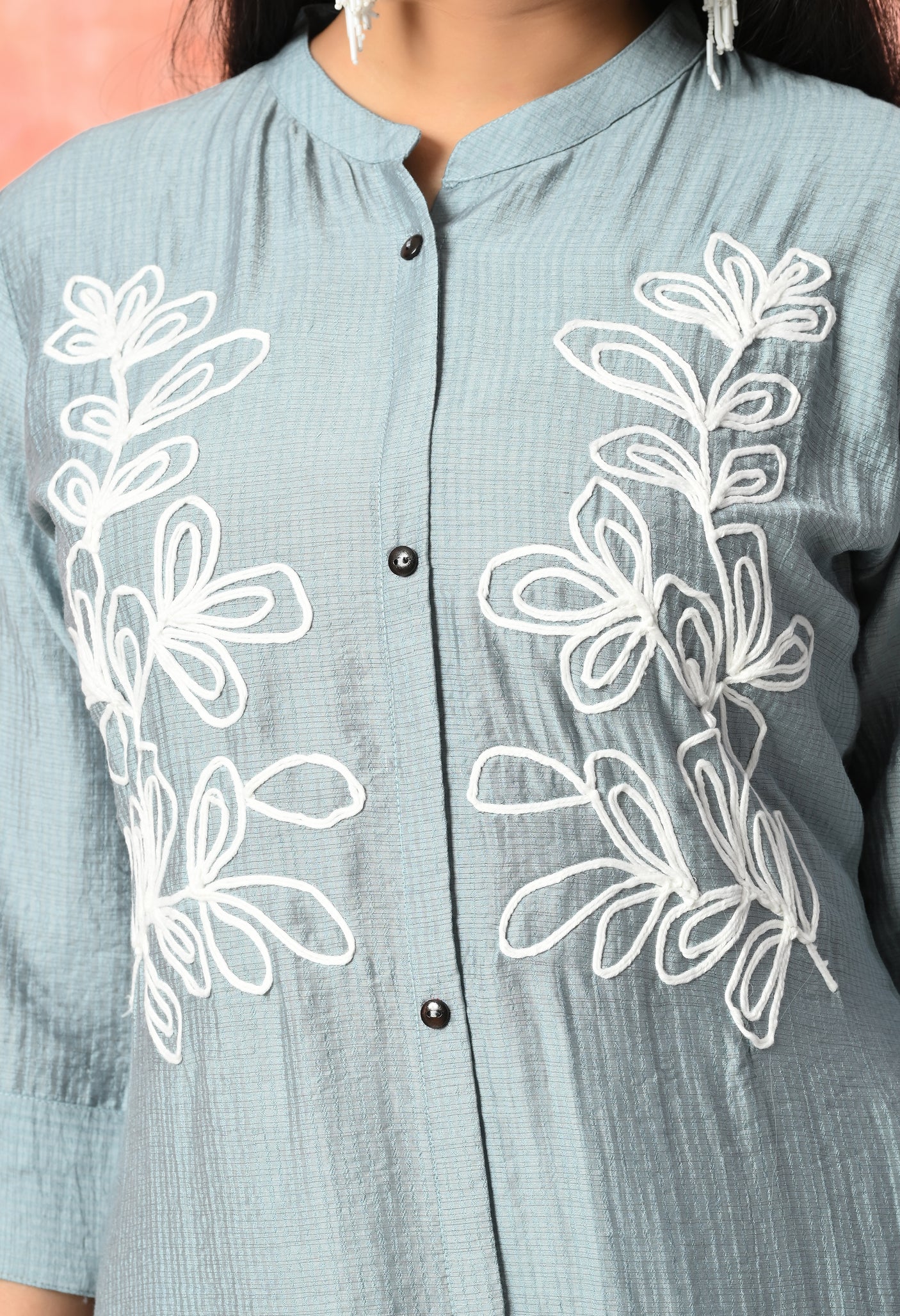 Leaf Embroidered Cotton Kurti