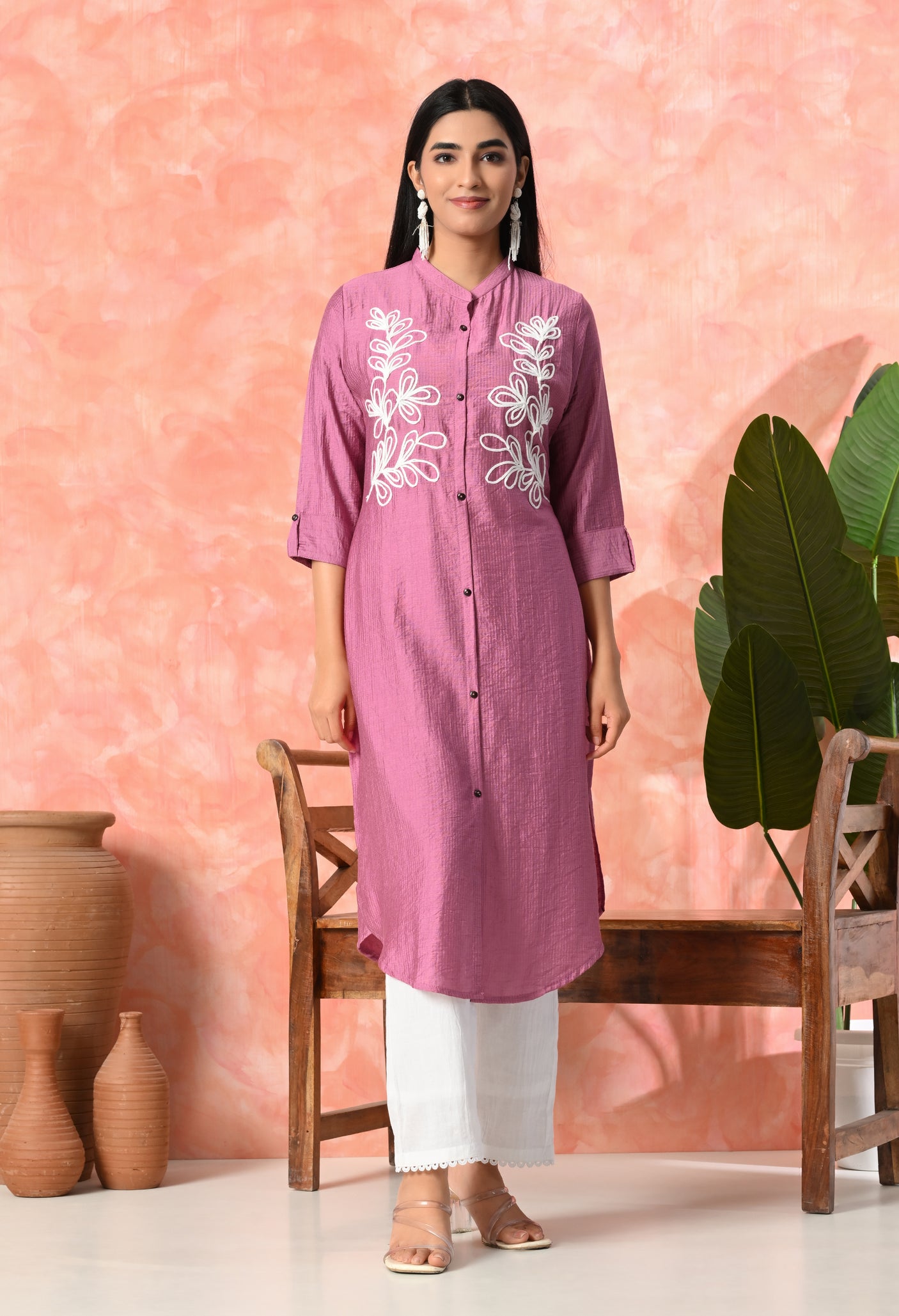 Leaf Embroidered Cotton Kurti