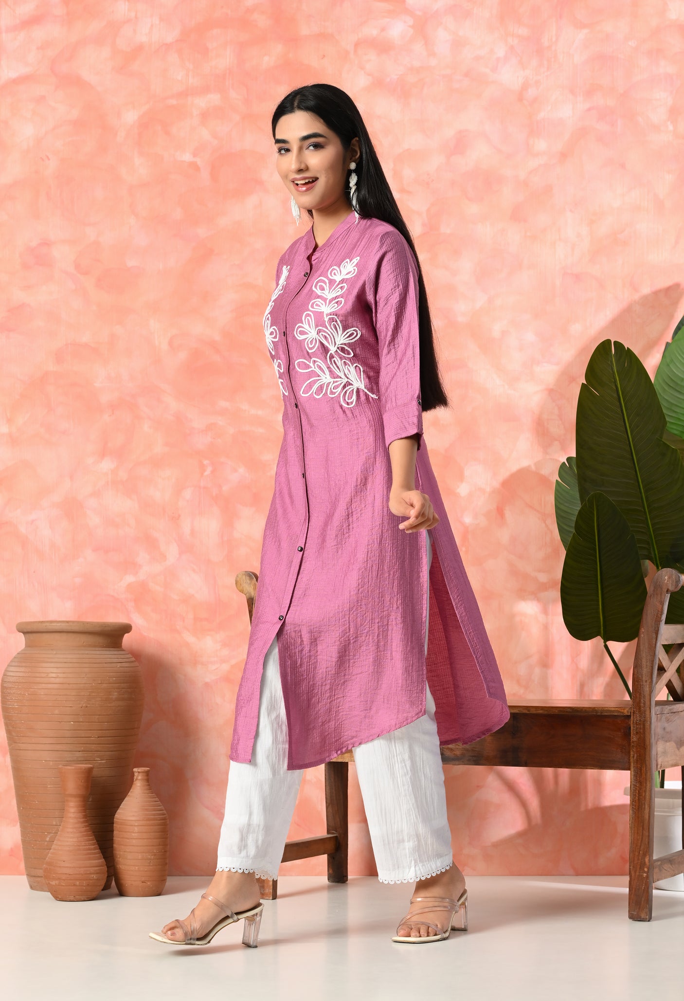 Leaf Embroidered Cotton Kurti