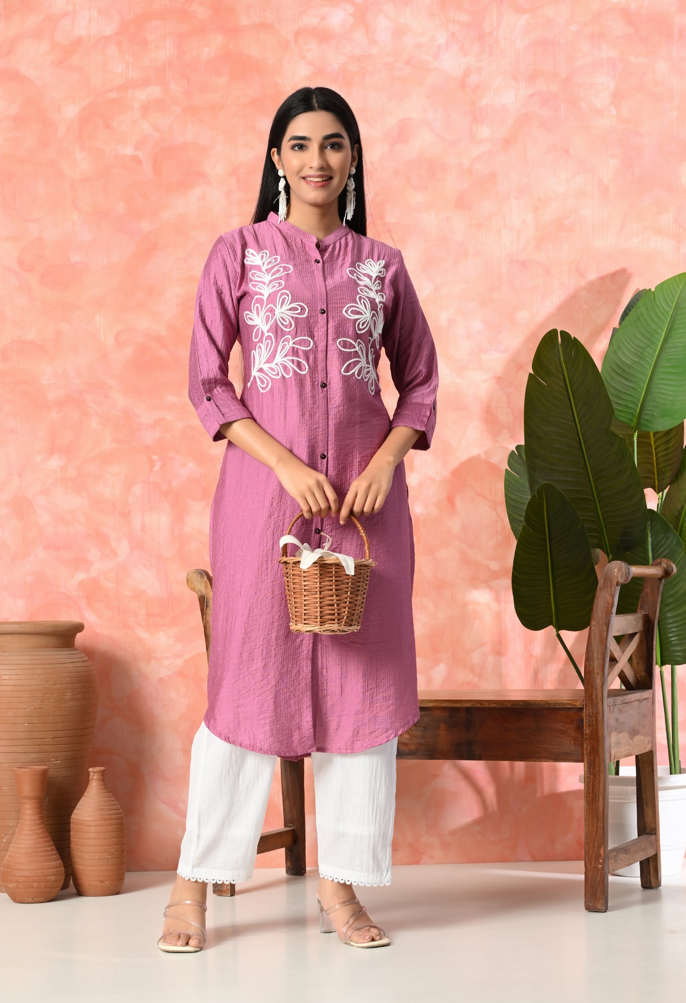 Leaf Embroidered Cotton Kurti