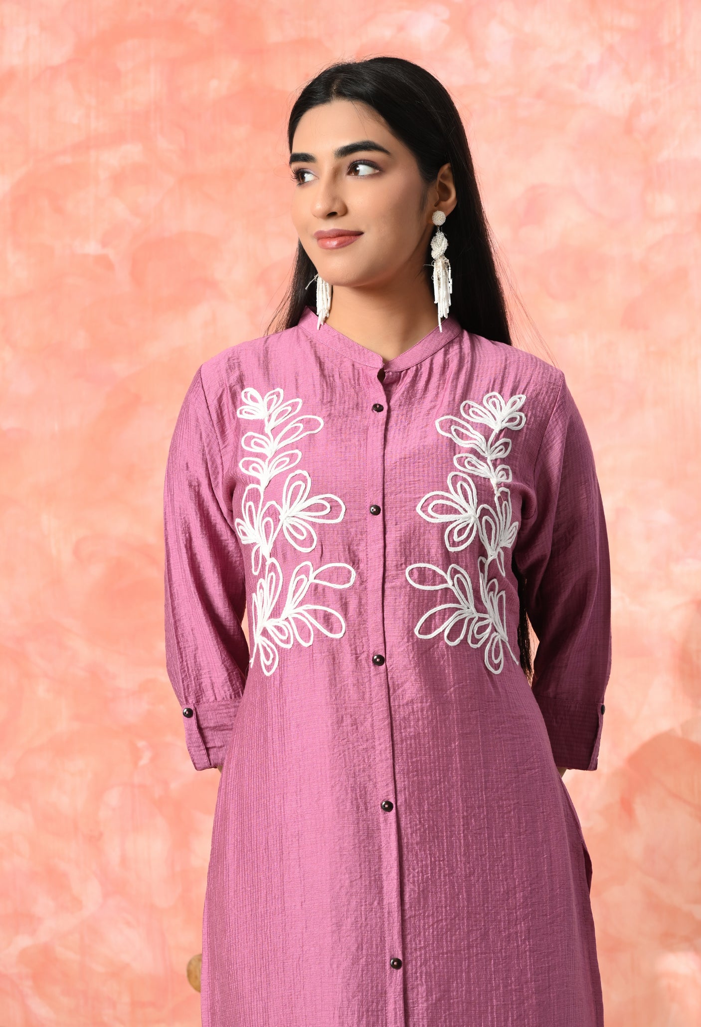 Leaf Embroidered Cotton Kurti