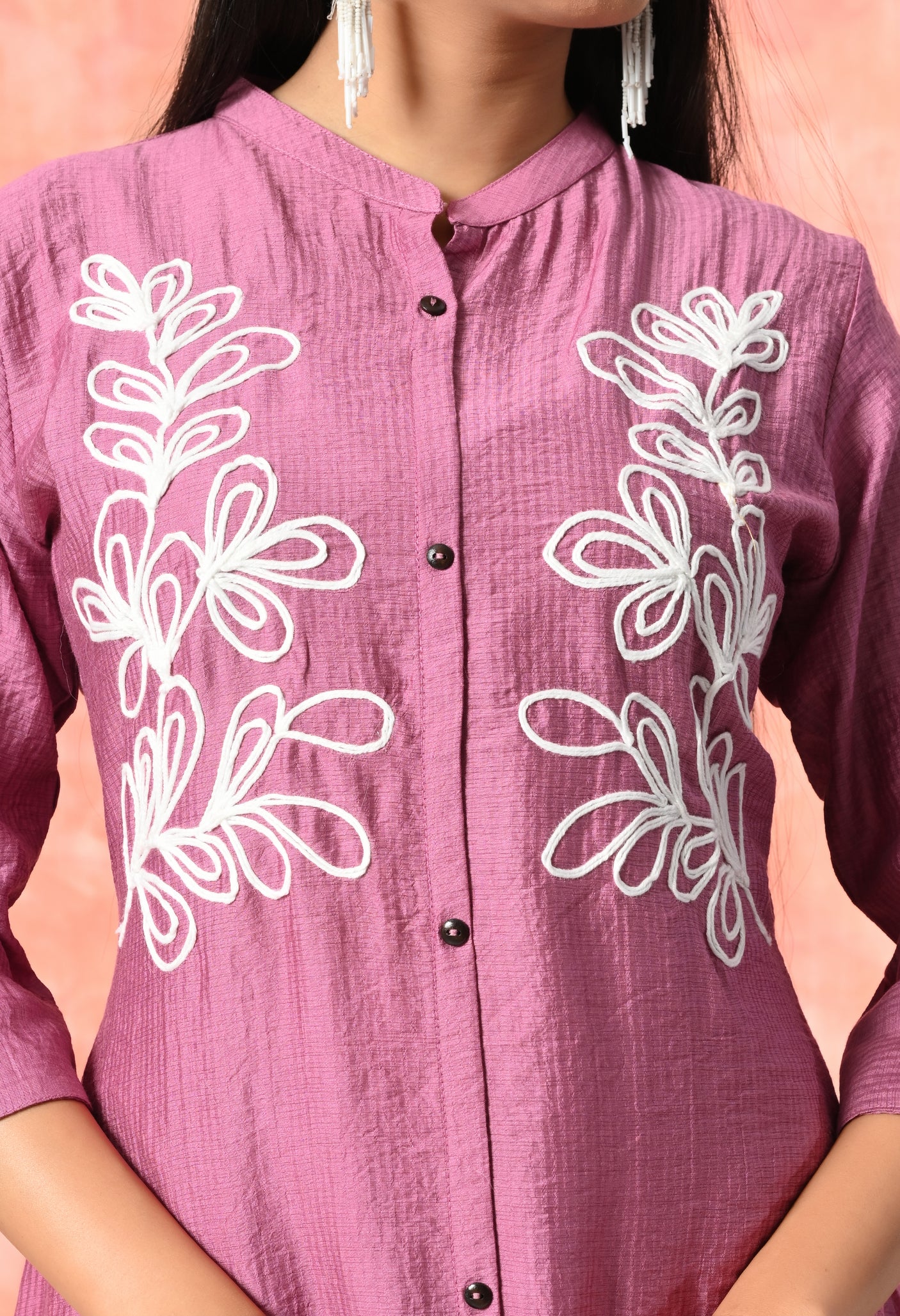 Leaf Embroidered Cotton Kurti