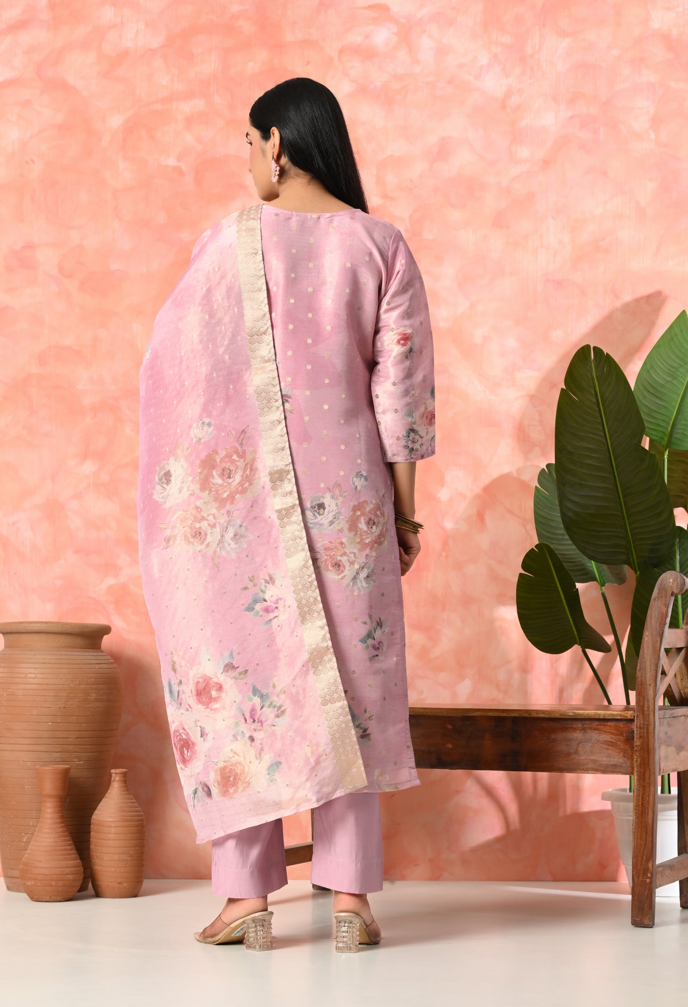 Floral Print Pink Kurta Set with Dupatta