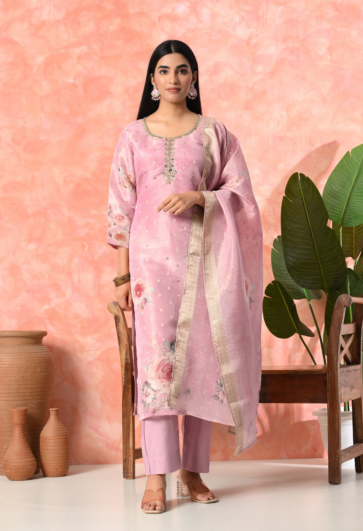 Floral Print Pink Kurta Set with Dupatta