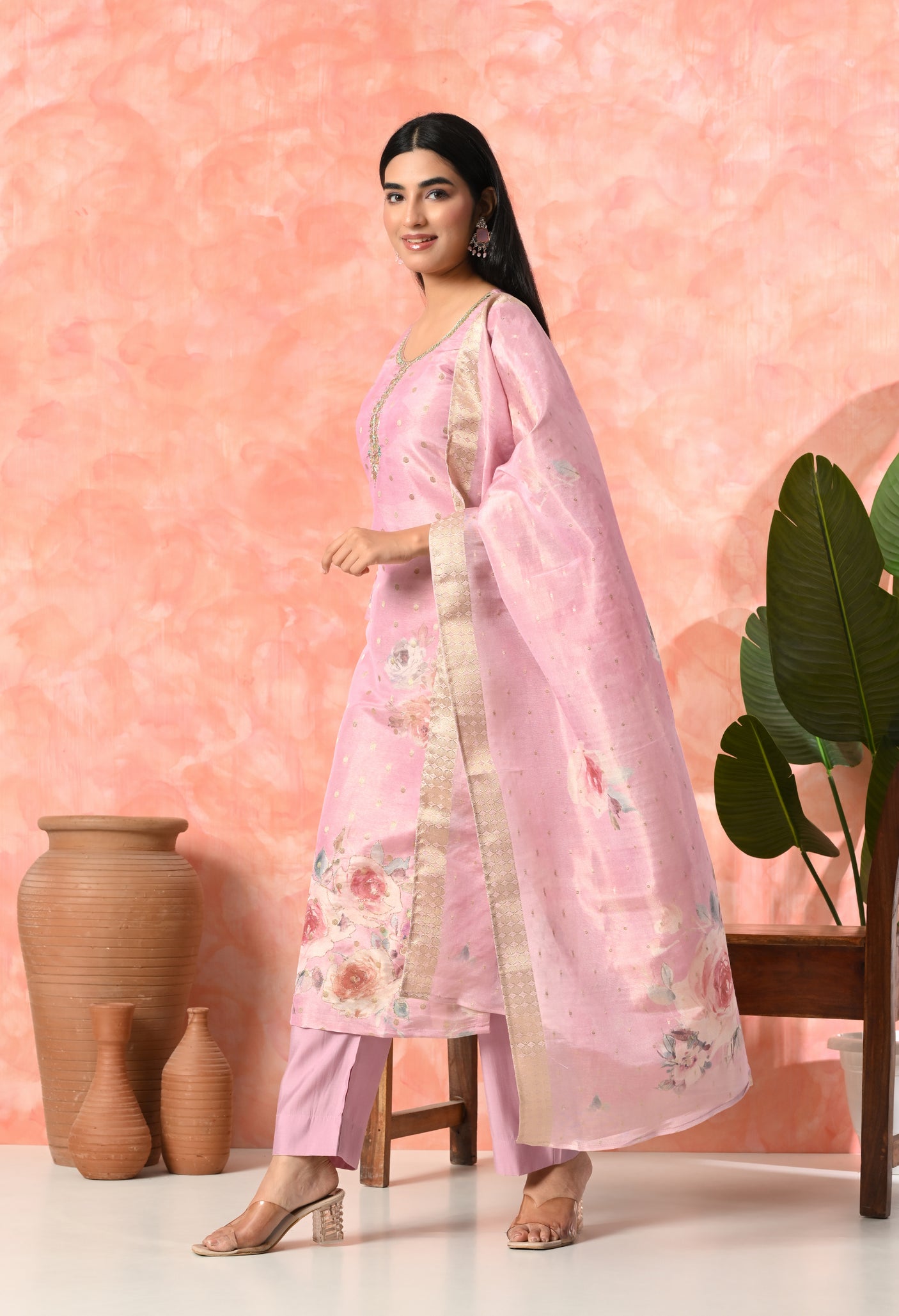 Floral Print Pink Kurta Set with Dupatta