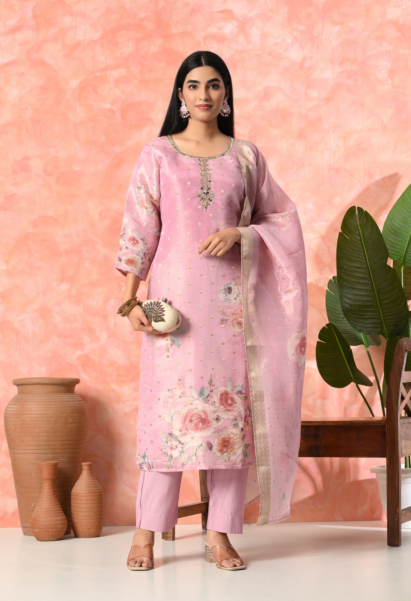 Floral Print Pink Kurta Set with Dupatta