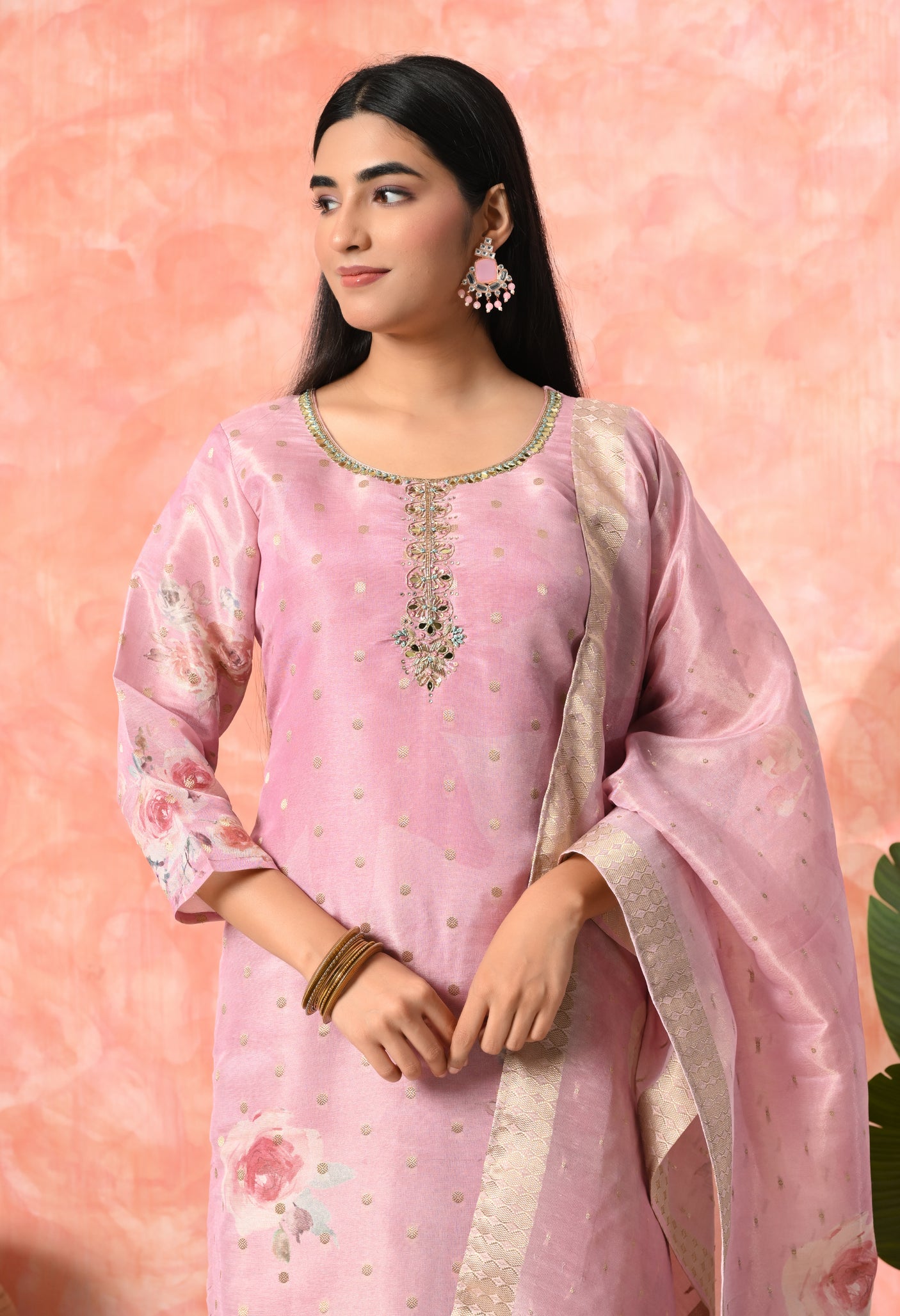 Floral Print Pink Kurta Set with Dupatta