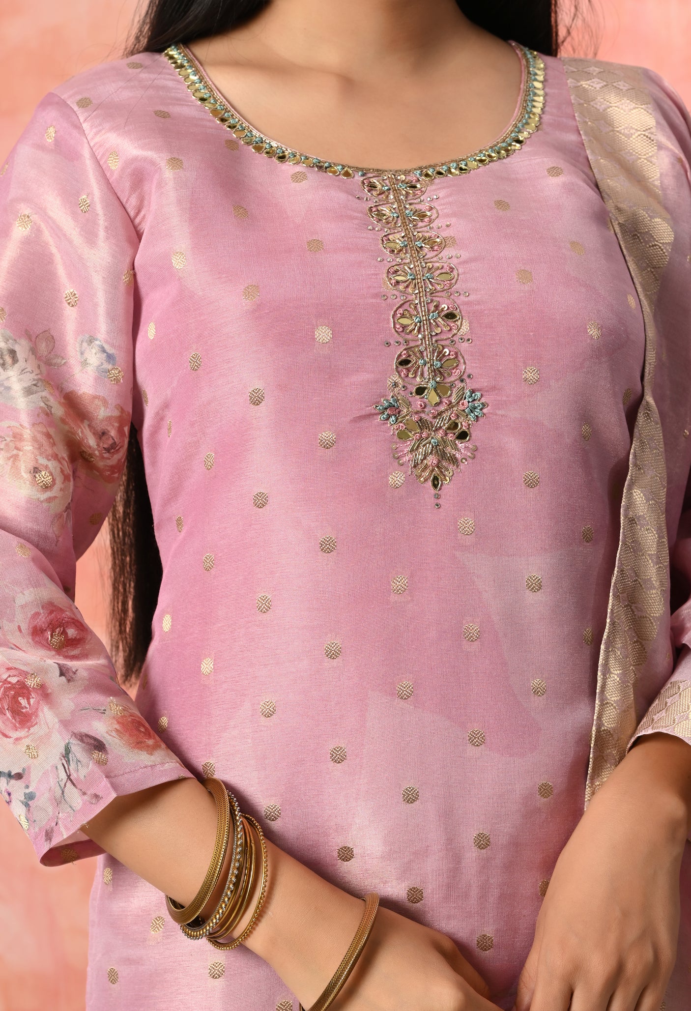 Floral Print Pink Kurta Set with Dupatta